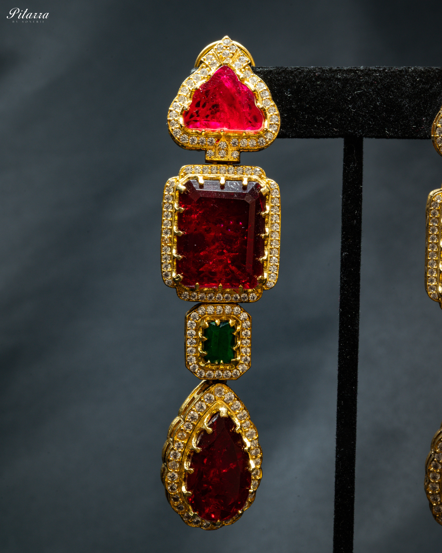 Red Stone Long Doublet Earrings