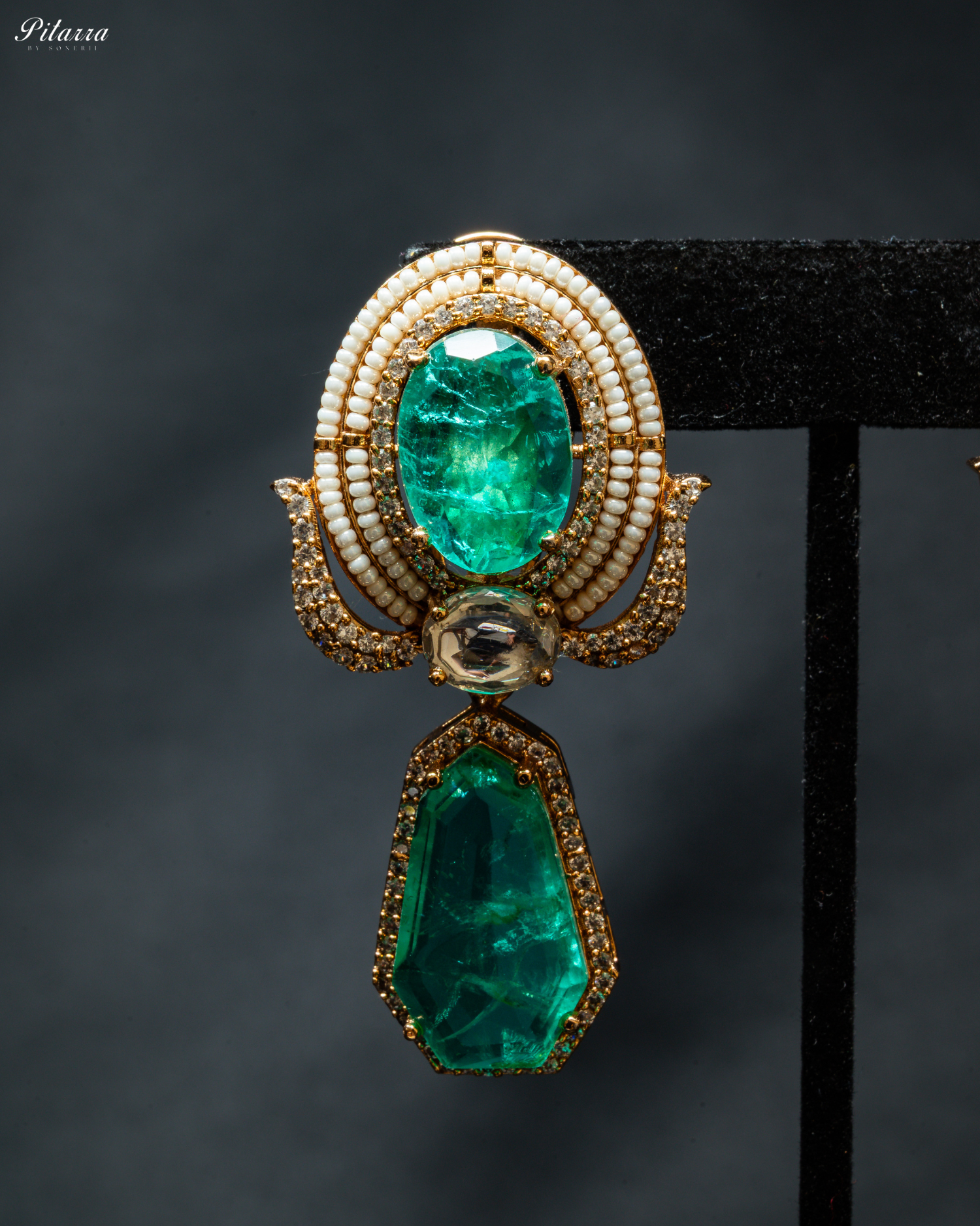 Gold Finish Zircon Green Dangler Earrings