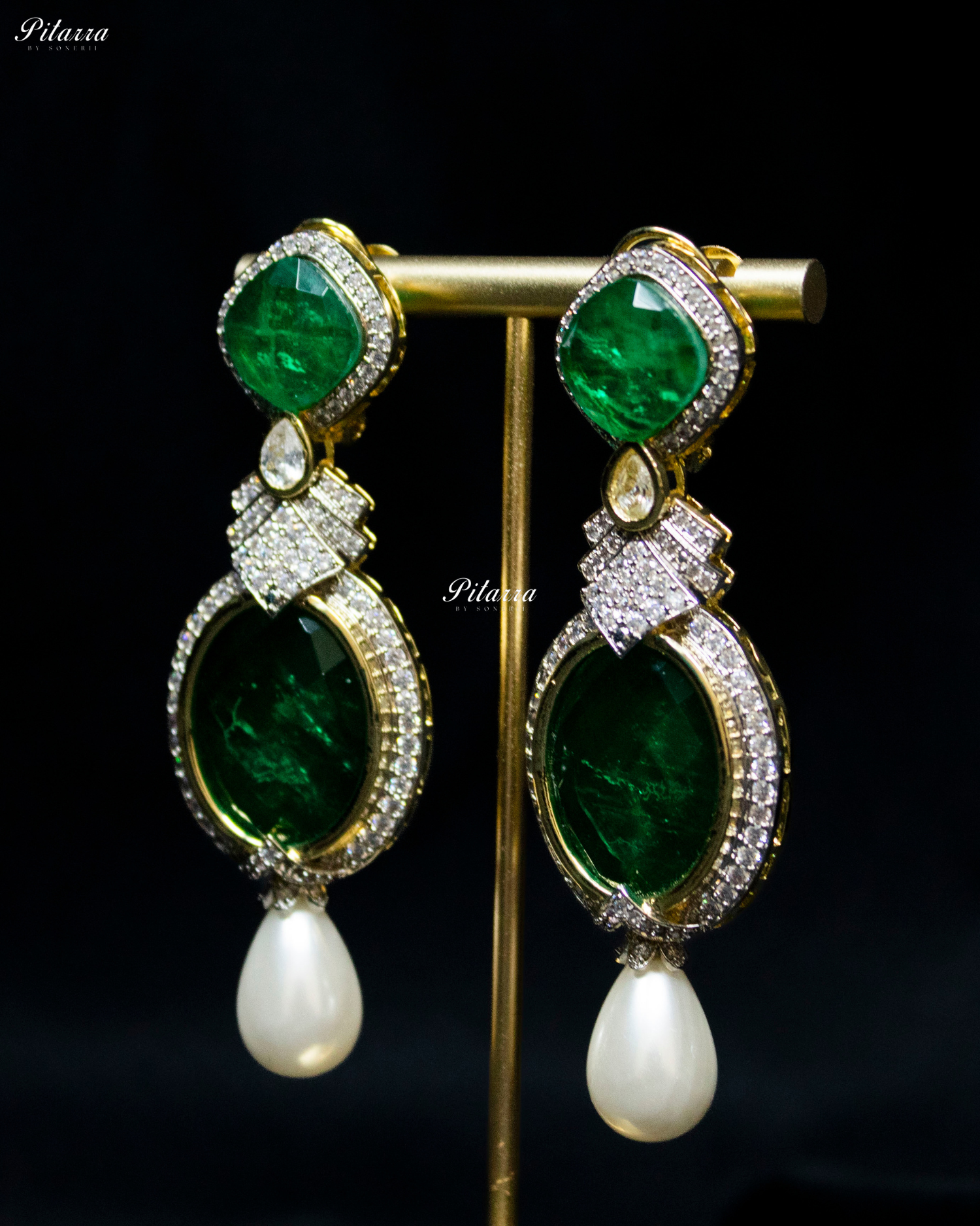 Emerald Pearl Stone Silver CZ Dangler Earrings