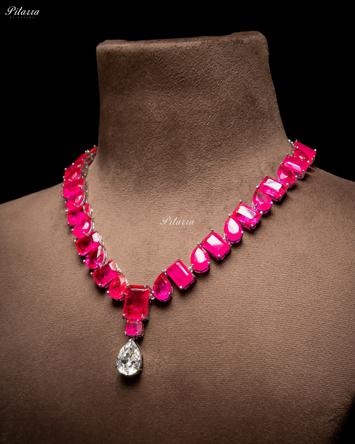 Pink Square and Drop Crystal Necklace Set