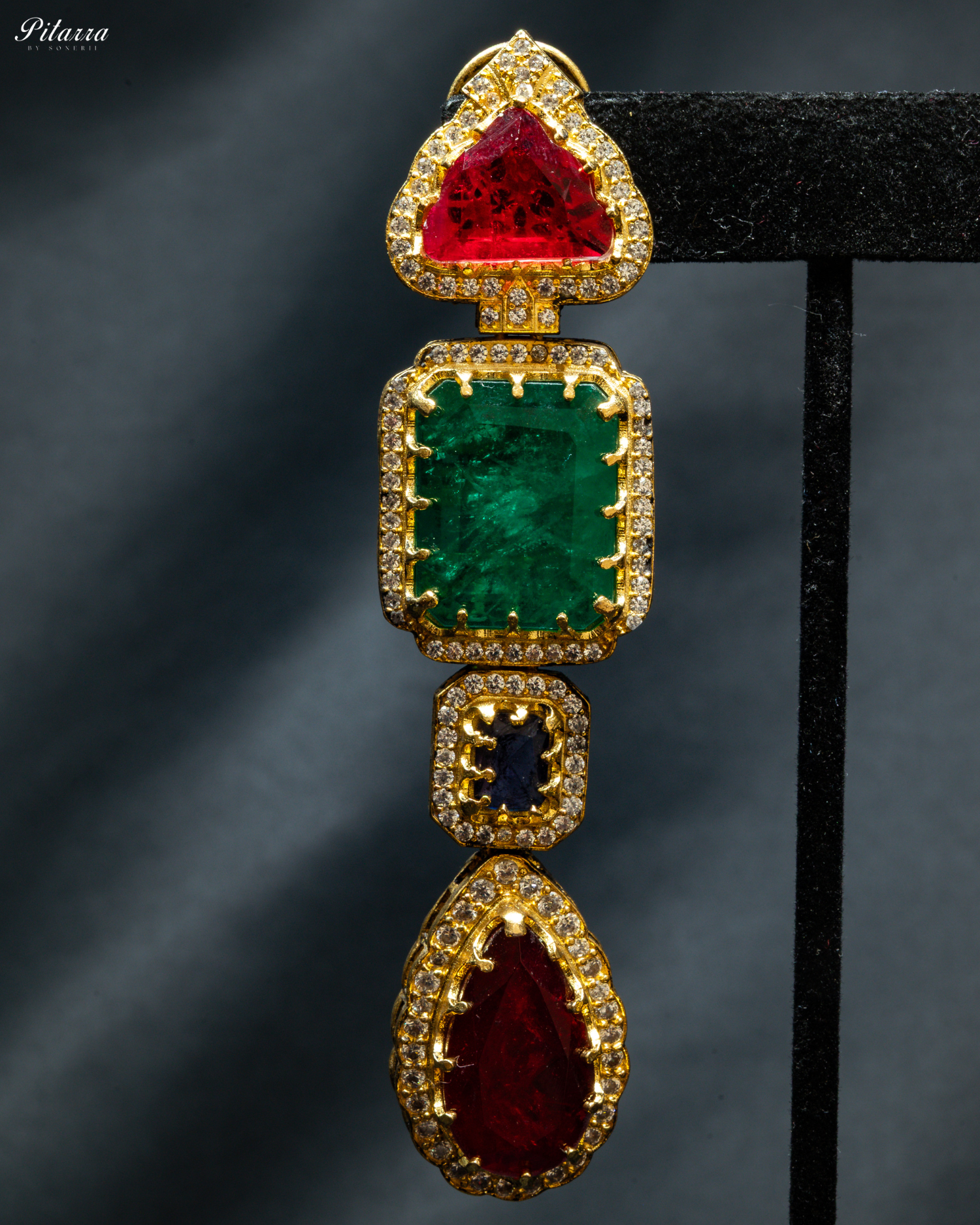 Emerald and Red Stone Long Doublet Earrings