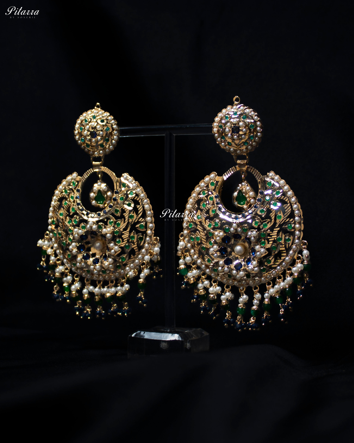 Navy Blue Stone Studded Punjabi Jadau Chandbali Earrings
