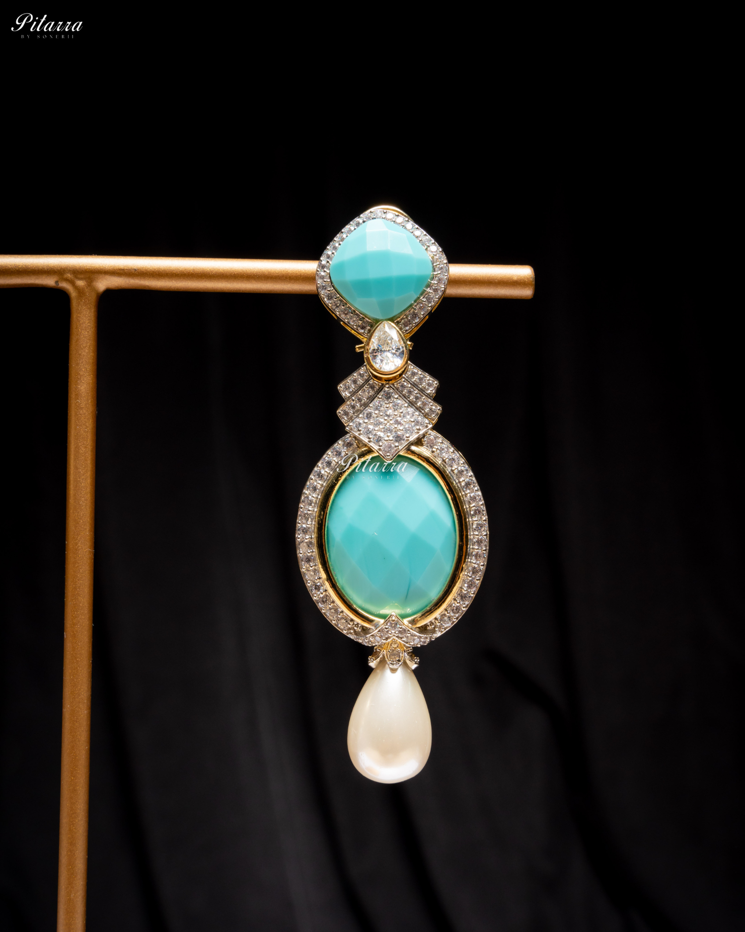 Turquoise Blue Pearl Stone Silver CZ Dangler Earrings