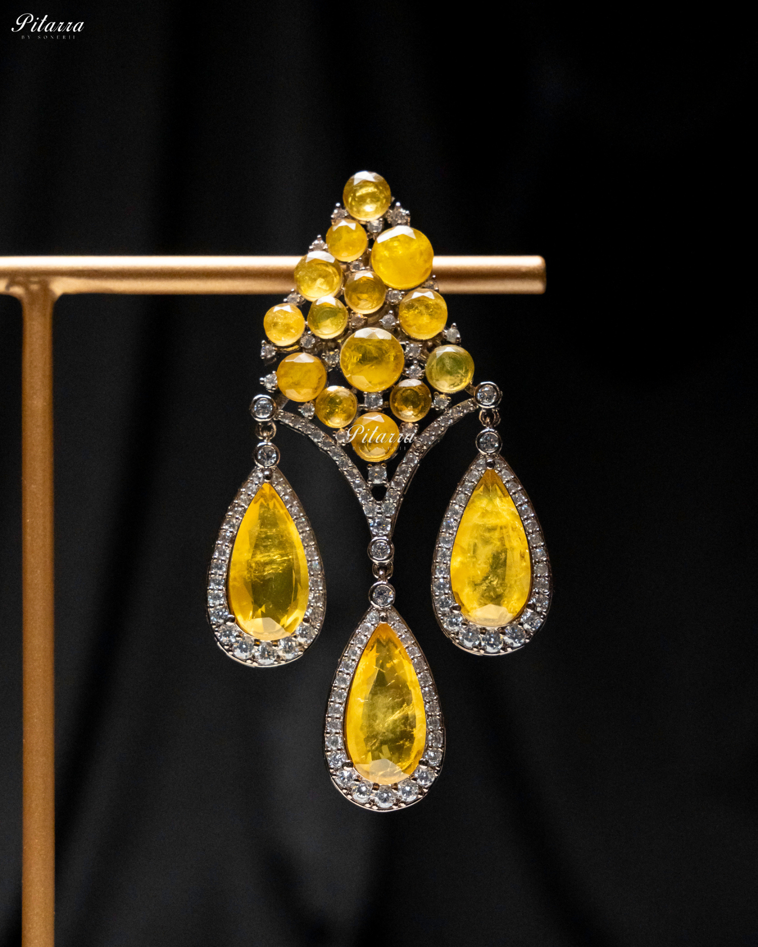 Yellow Stone Three Teardrop CZ Crystal Dangler Earrings