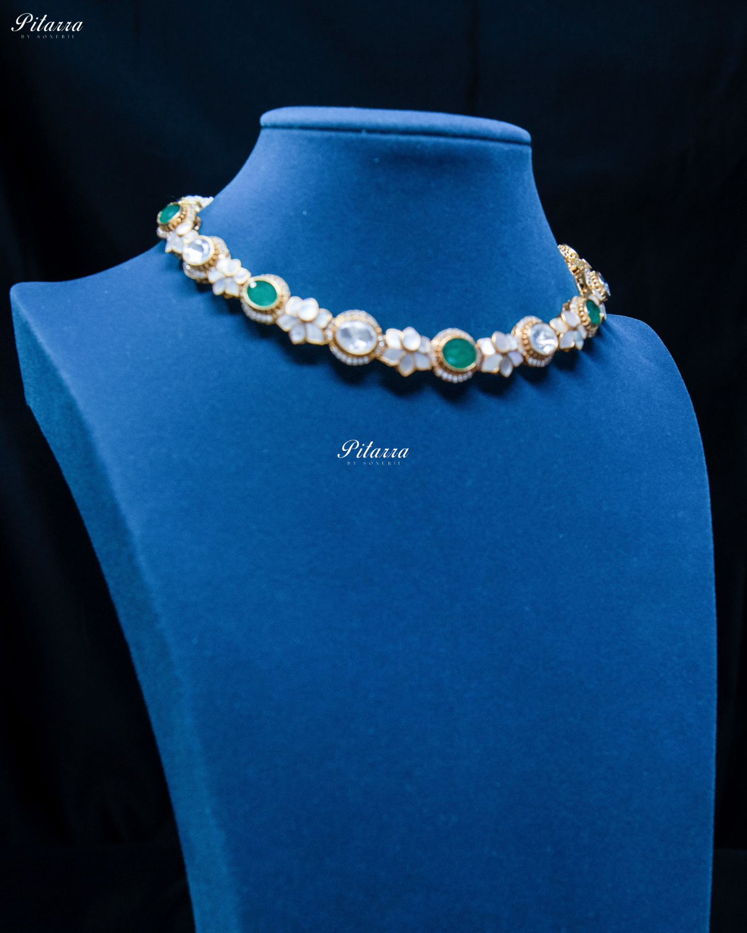 White Flora Green Stone Kundan Choker Set