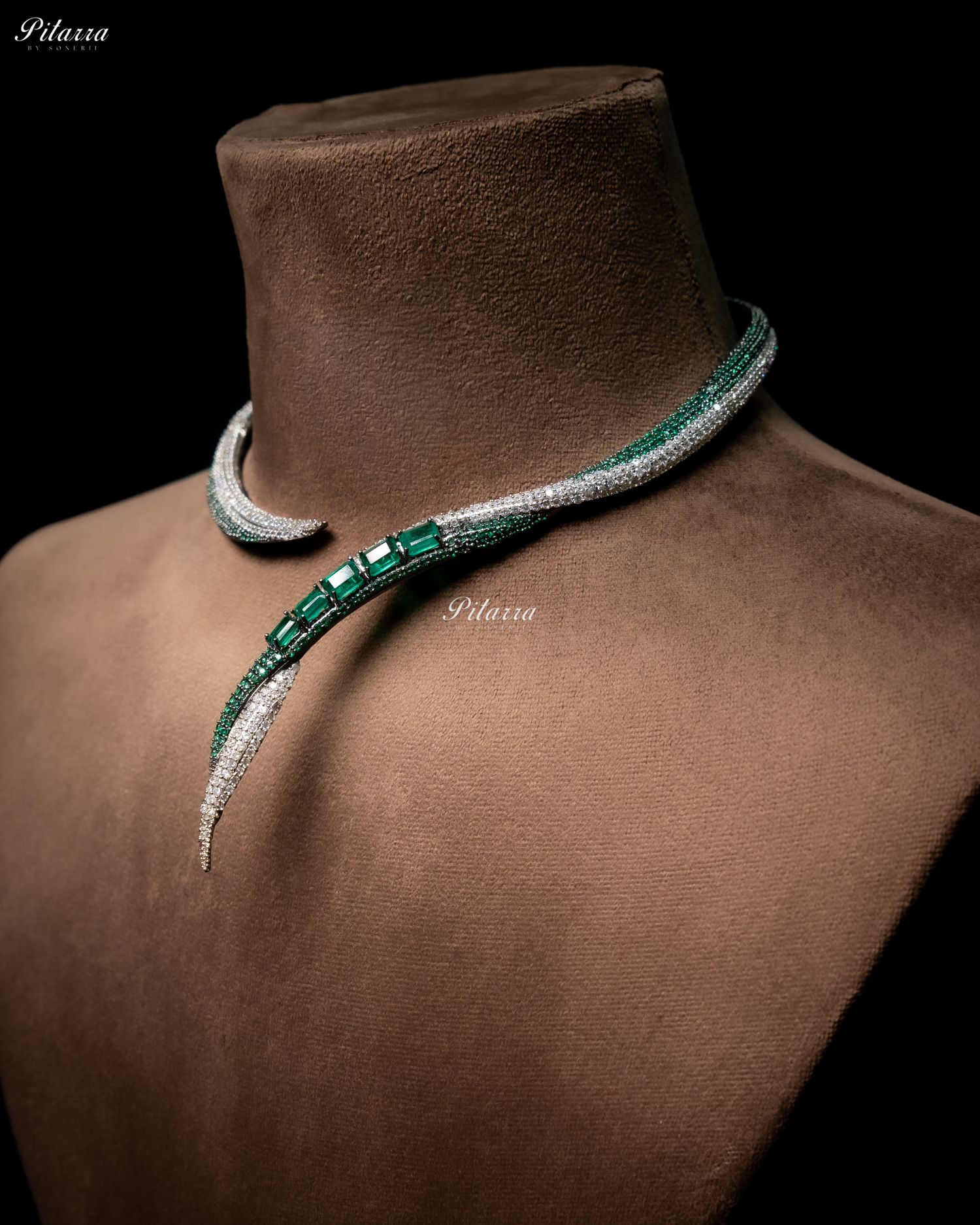 Emerald Stone Sleek CZ Choker Statement Necklace Set