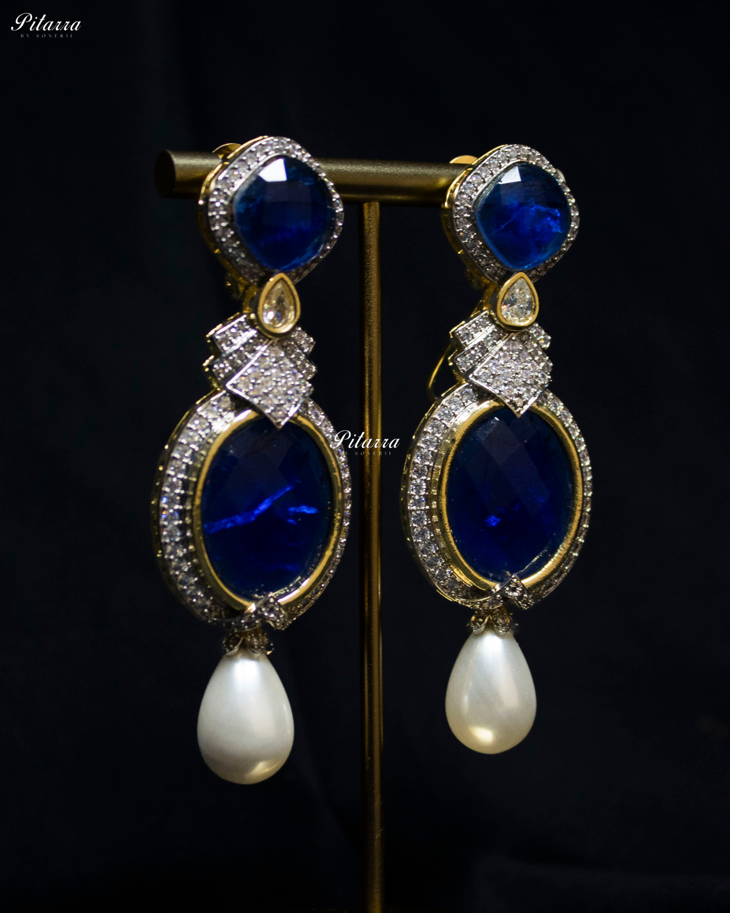 Blue Pearl Stone Silver CZ Dangler Earrings