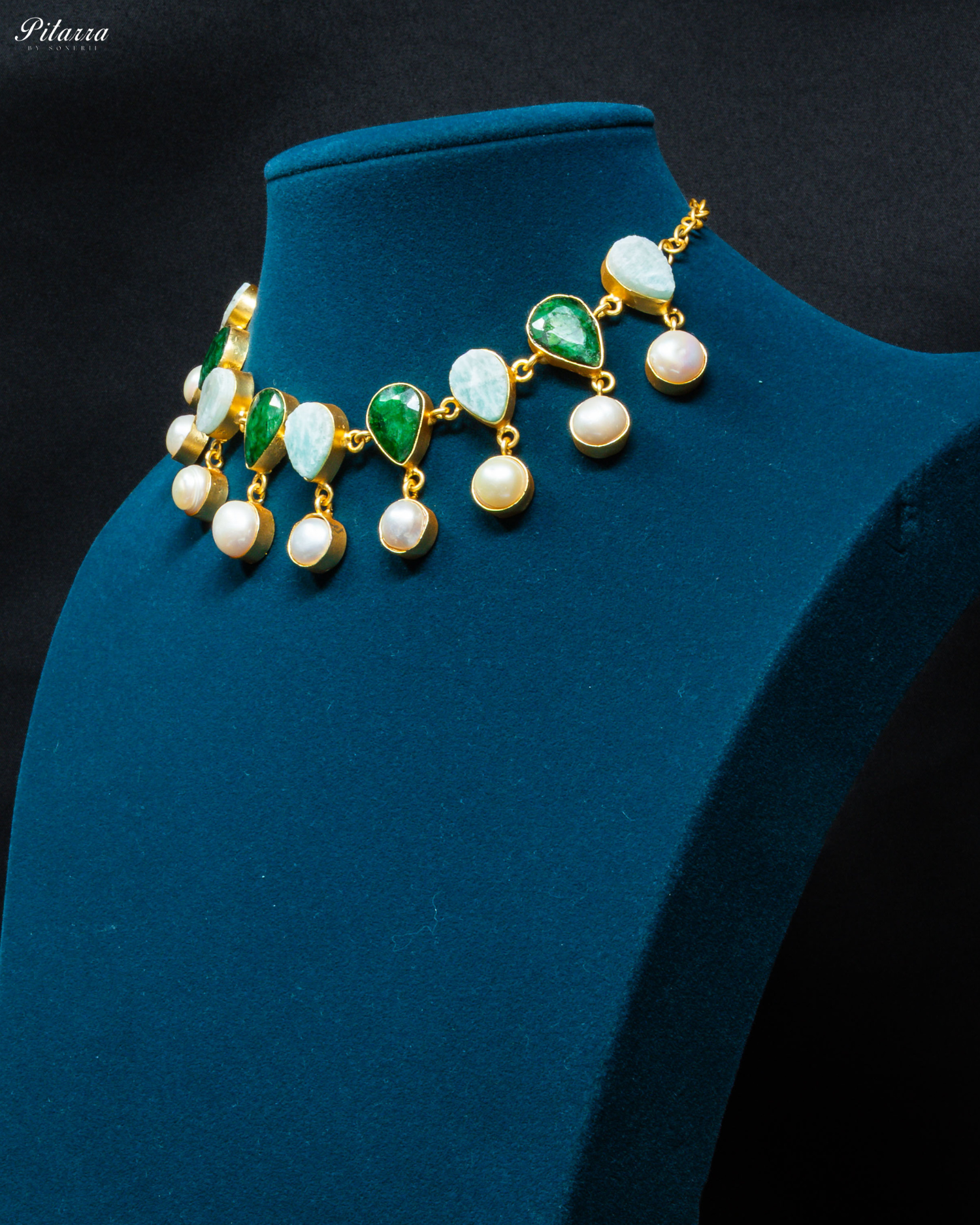 Gold Finish Green Stone Kundan Necklace Set