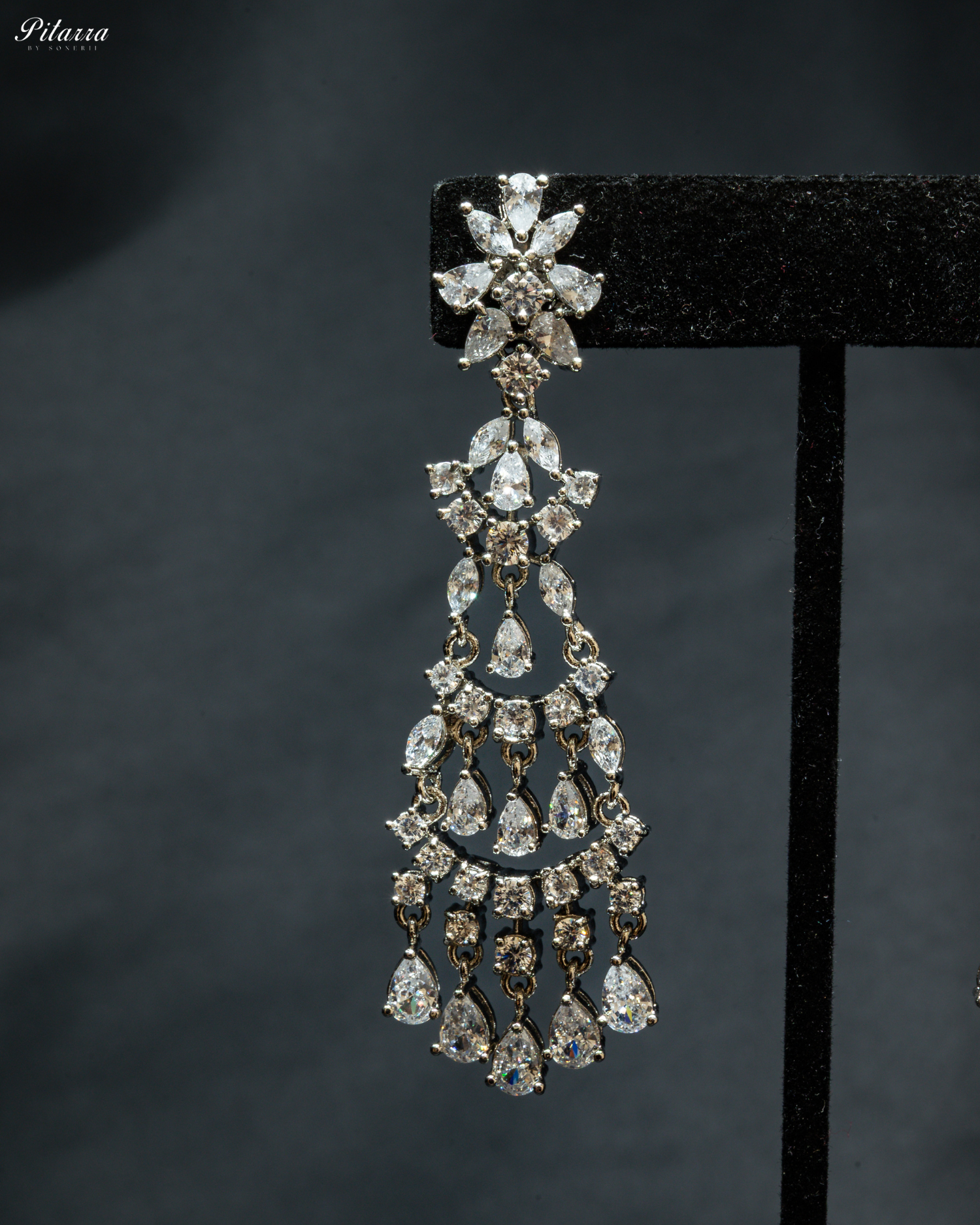 Silver Finish Zircon Long Dangler Earrings