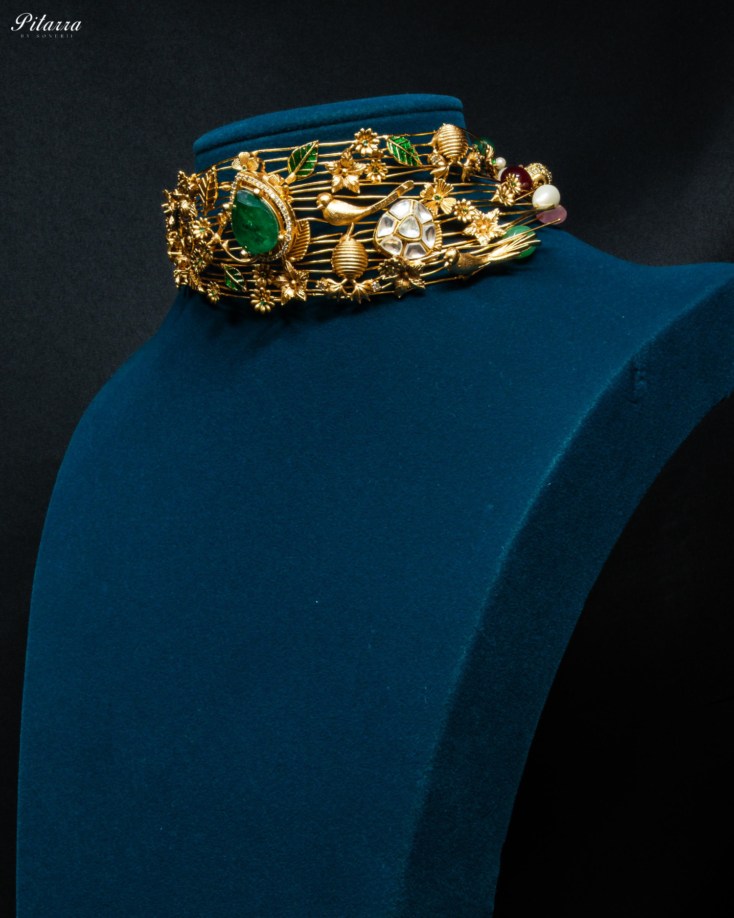 Golden Leaf With Green Crystal Stone Choker Set