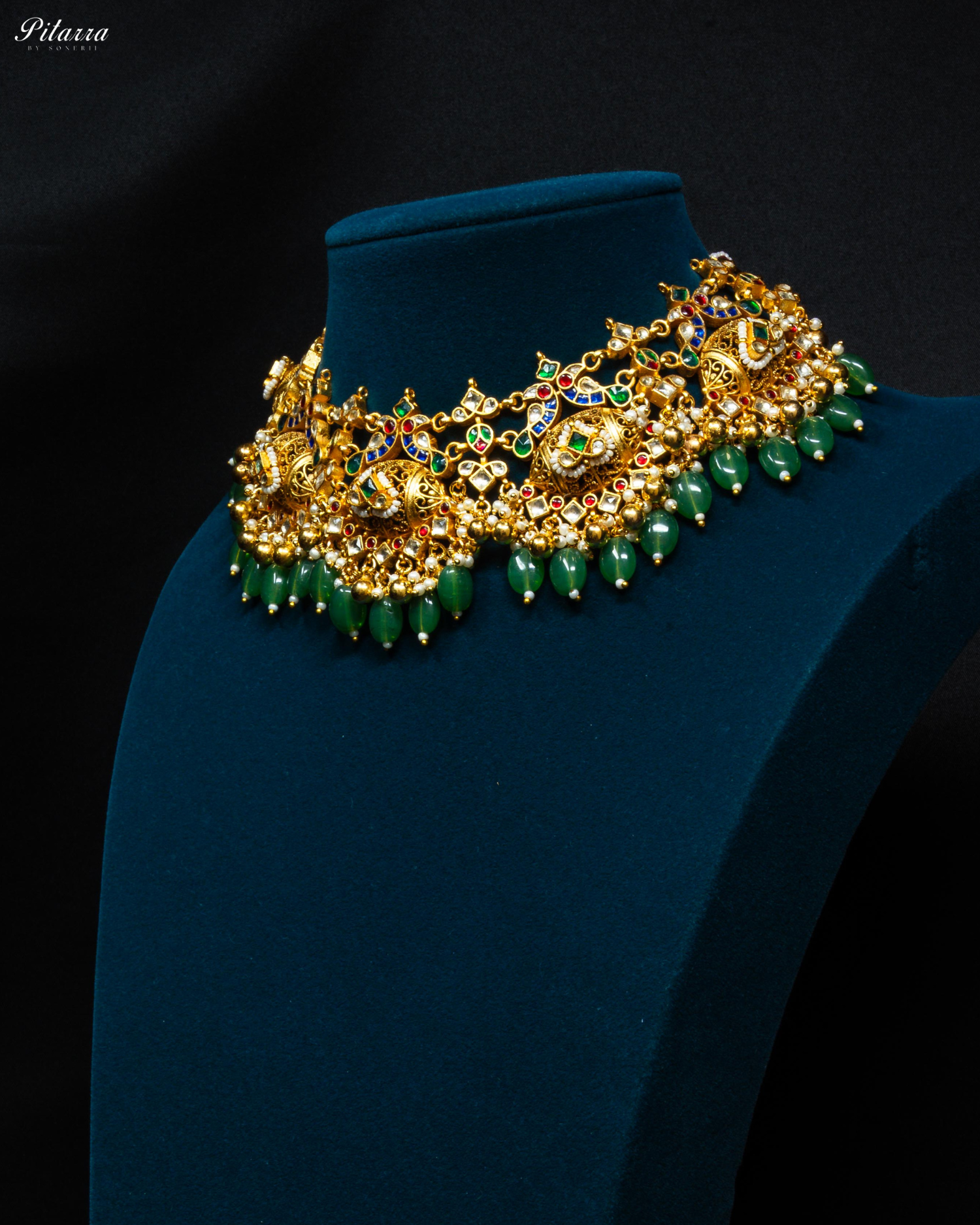 Gold Finish Green Beads Antique Design Choker Set