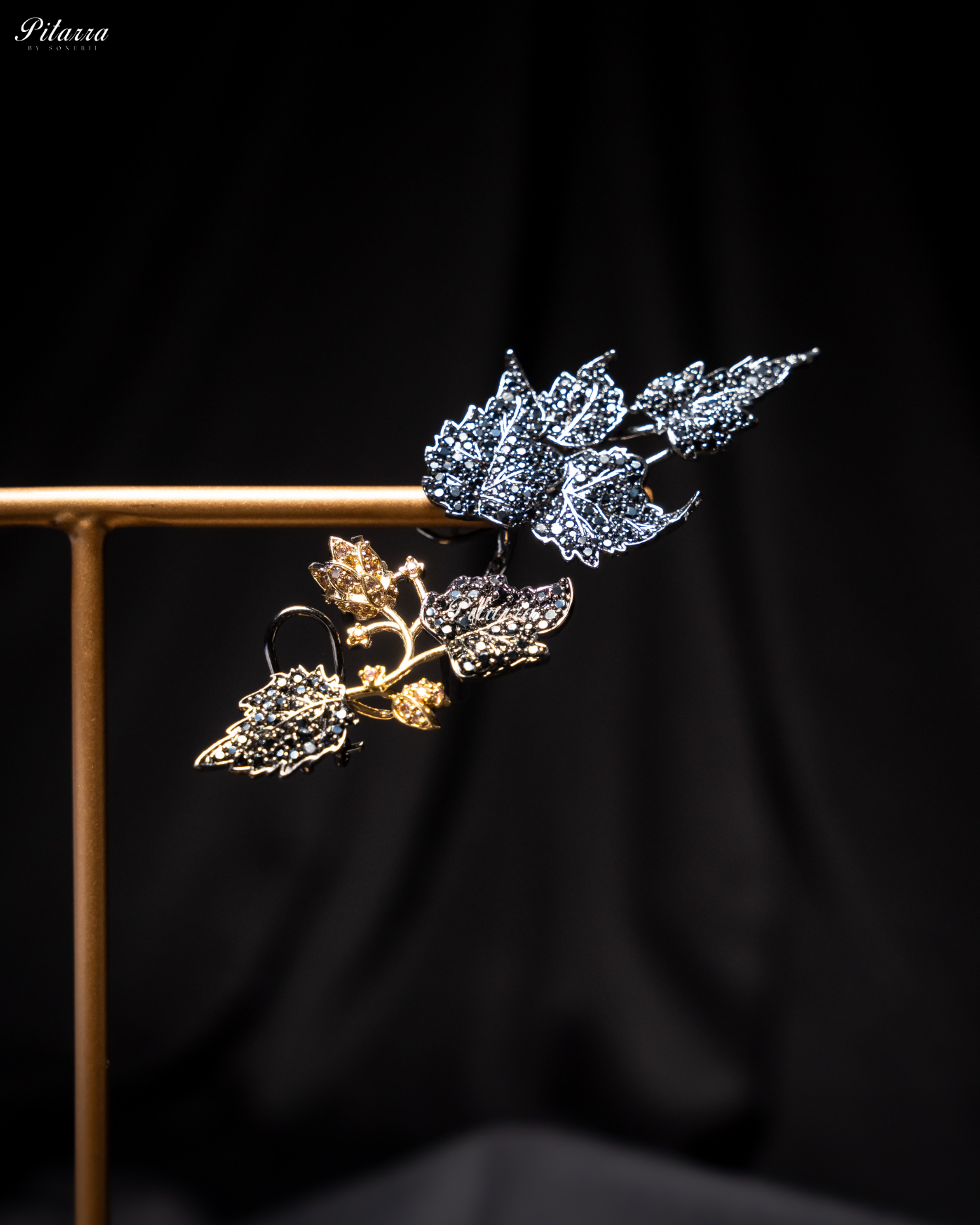 Black Unique Leaf Shaped Crystal Earrings