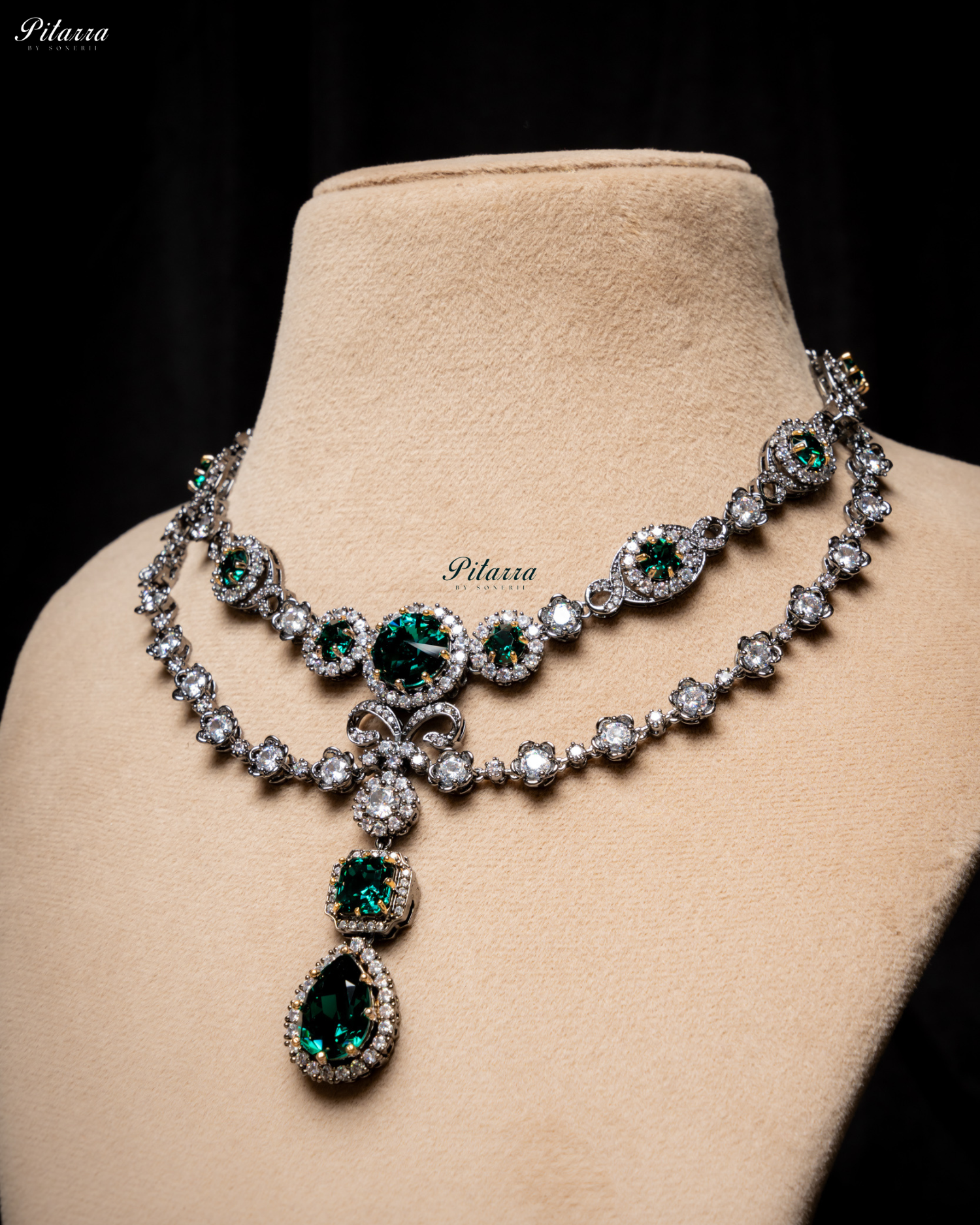 Emerald Two Layer Silver CZ Necklace Set