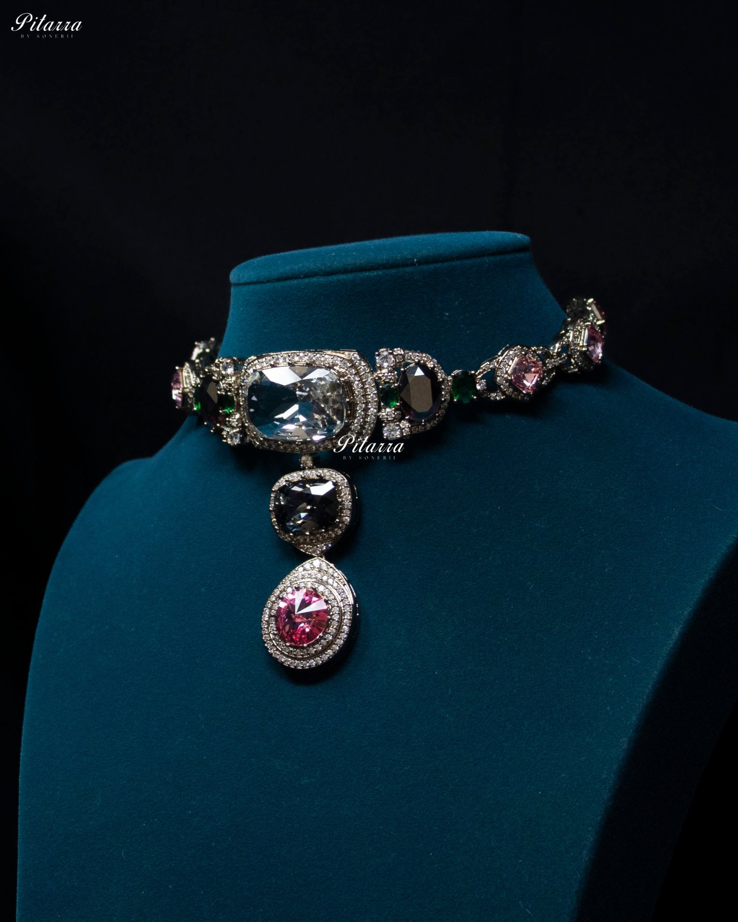 Clear, black and Pink Three Crystal Choker Set