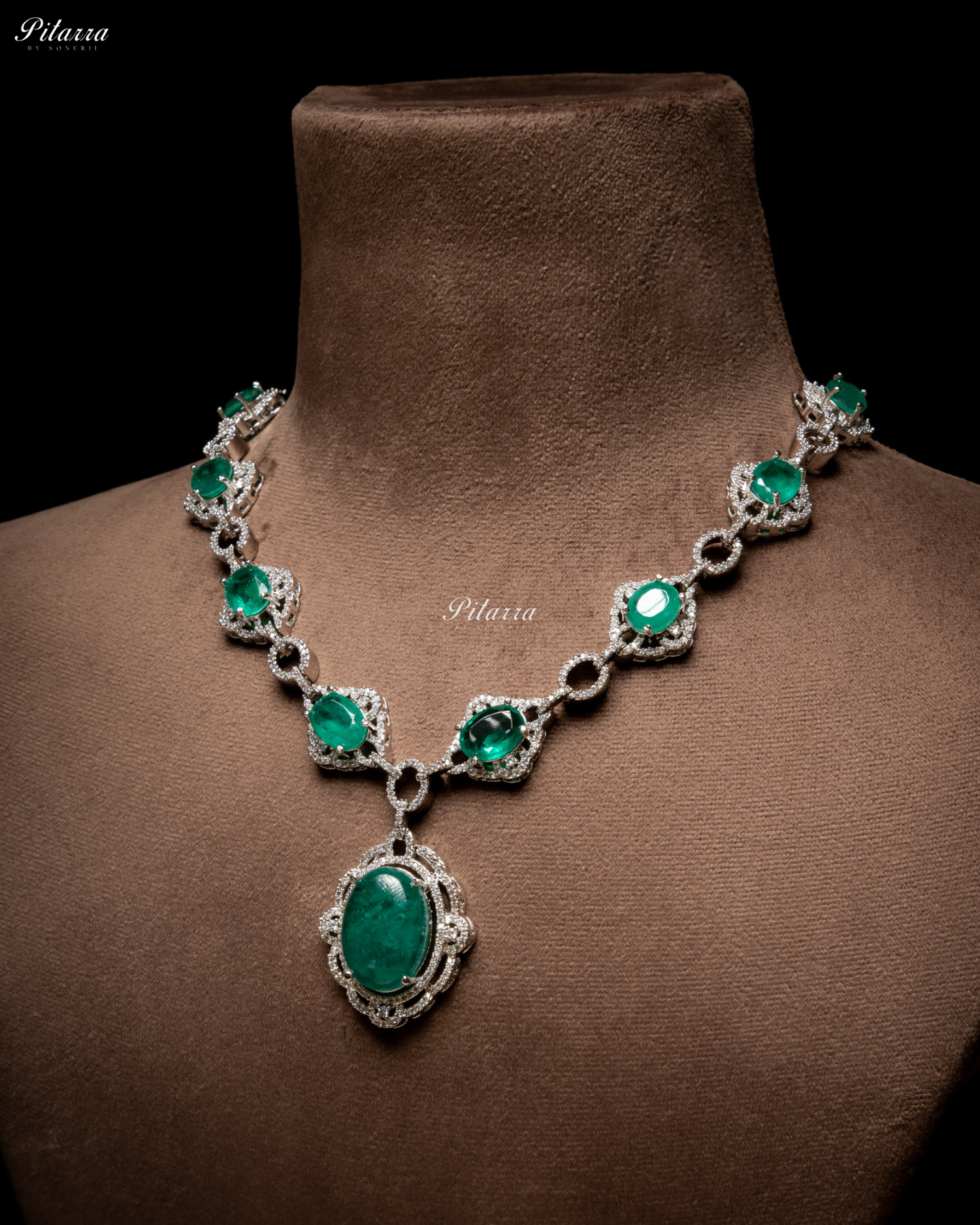 Emerald Stone Silver Finish Tone Crystal Necklace Set