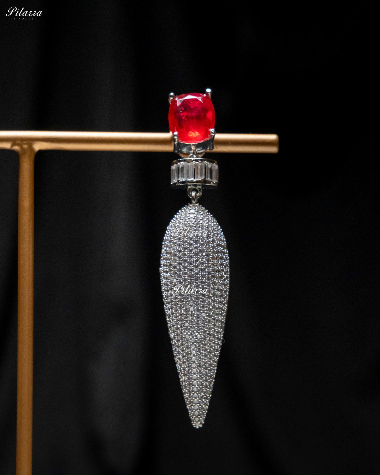 Red Stone Shiny Teardrop Doublet Dangler Earrings