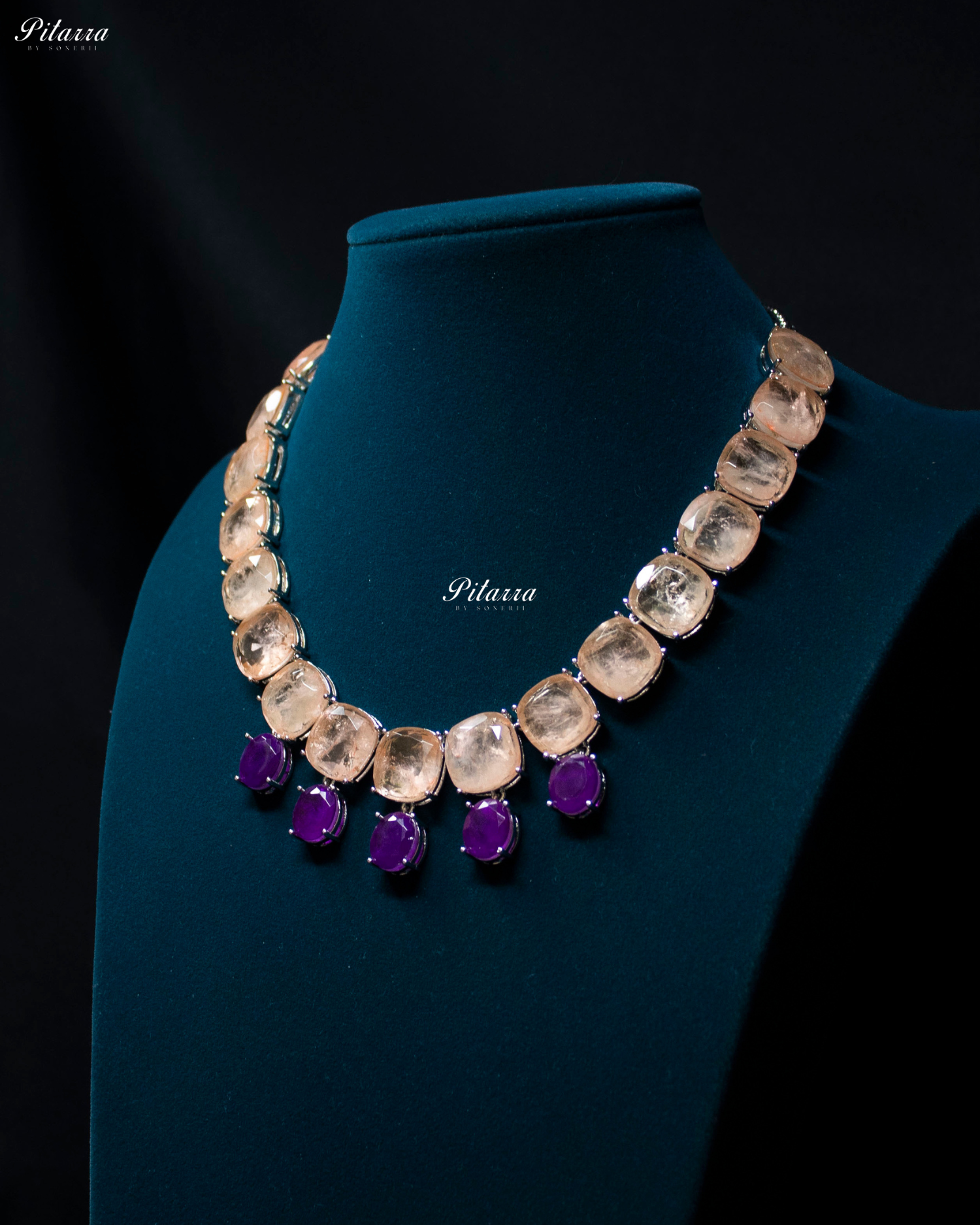 Peach Square Stone Premium Crystal Necklace Set