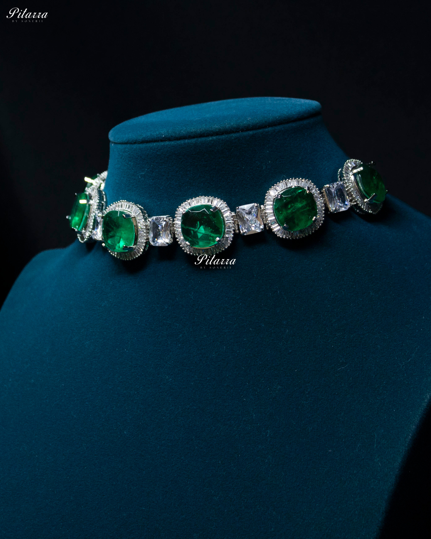Emerald Stone Silver CZ Choker Necklace Set