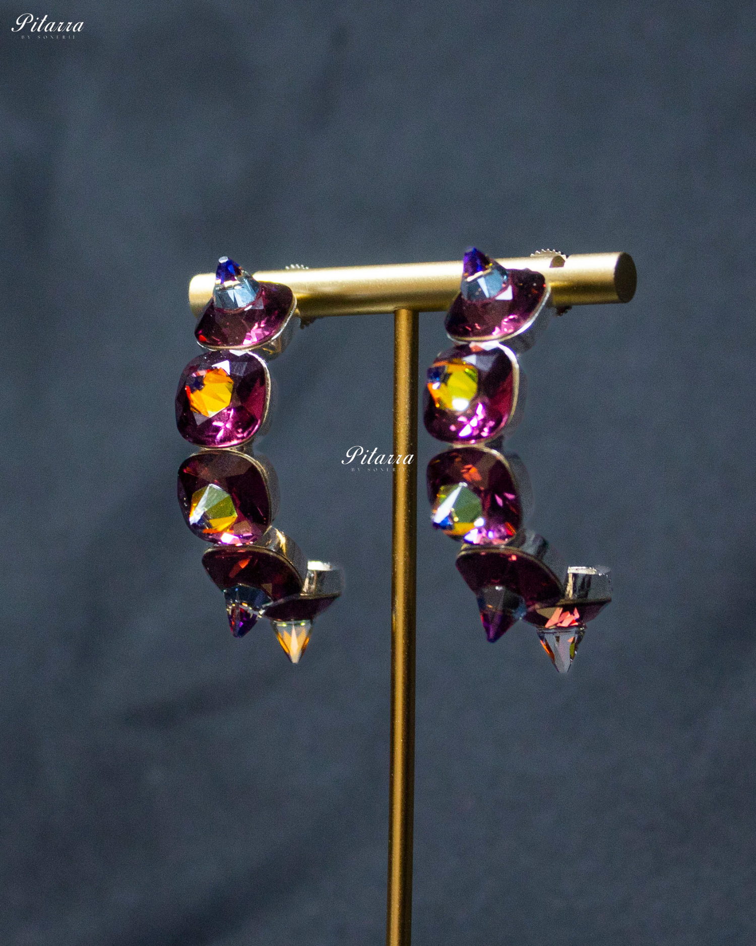 Wine Red Stone Pyramid Cut Crystal Dangle Earrings