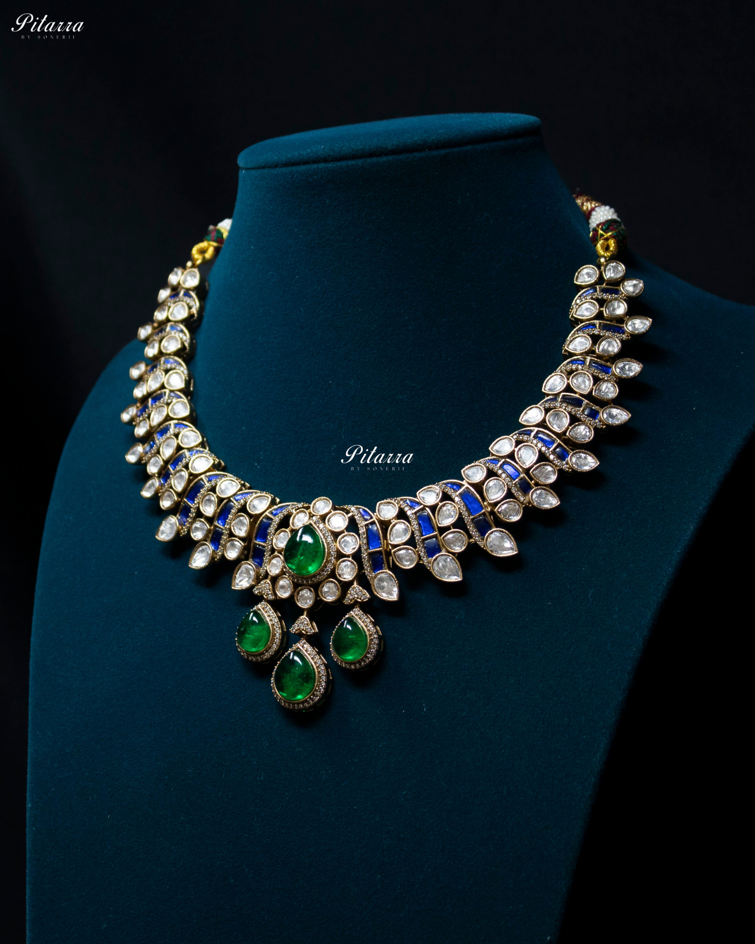 Emerald Drop Blue Line Victorian Polki Kundan Necklace Set