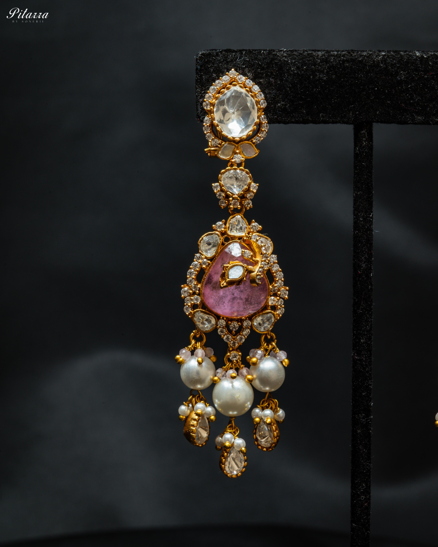 Pink Stone Gold Plated Beaded Traditional Necklace Set