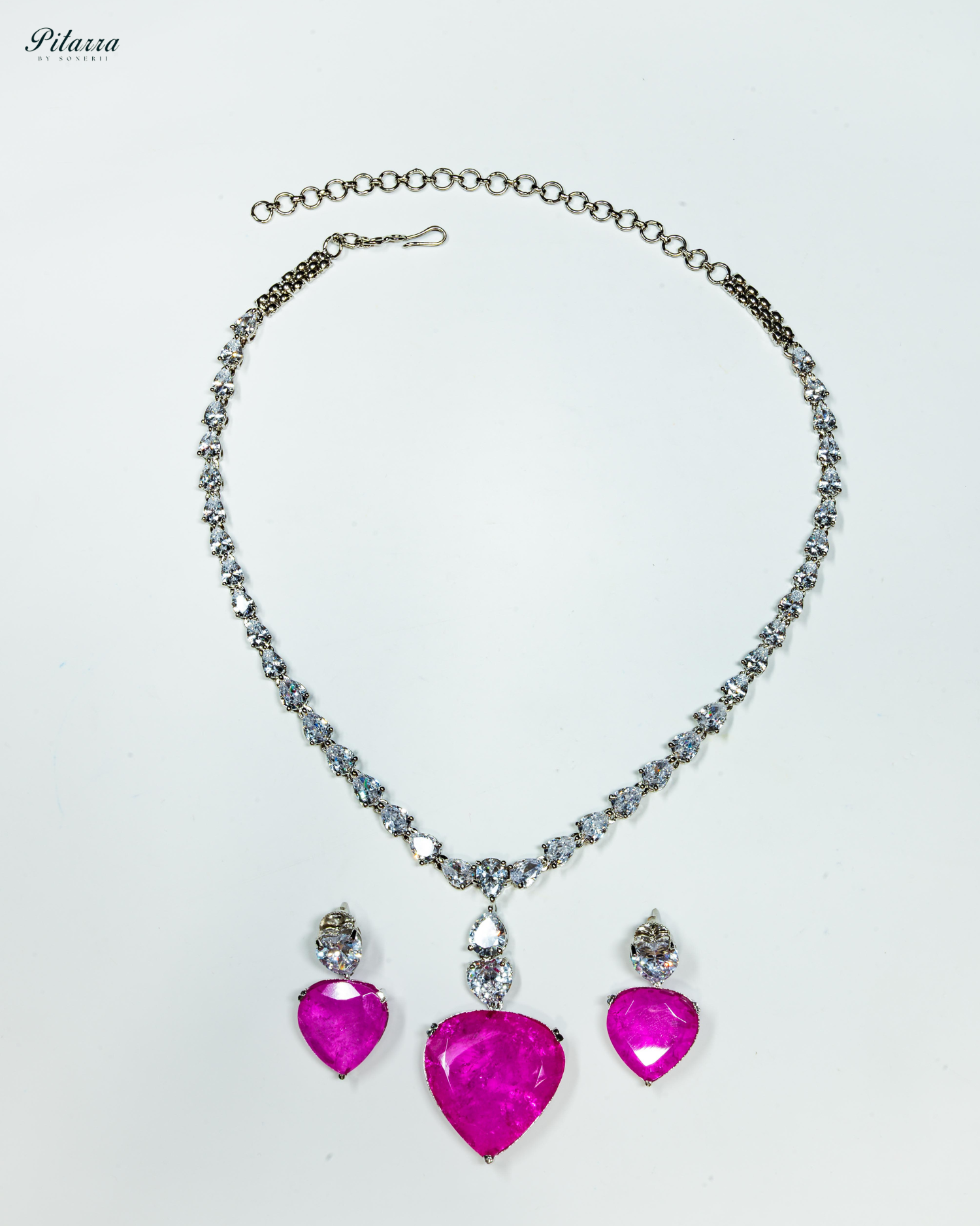 Pink Drop Stone Centred CZ Necklace Set