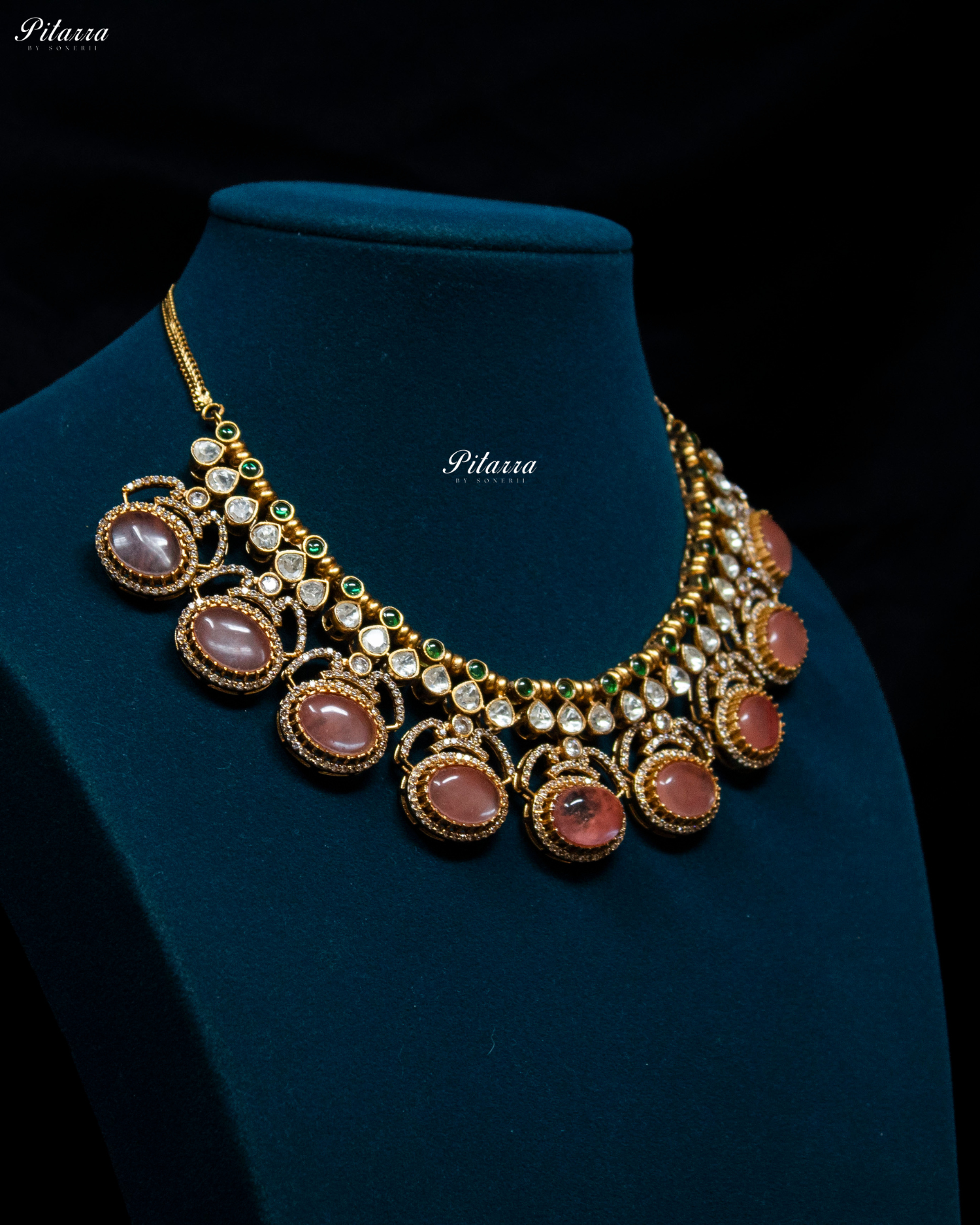 Pitarra Pink Stones Moissanite Kundan Necklace Set