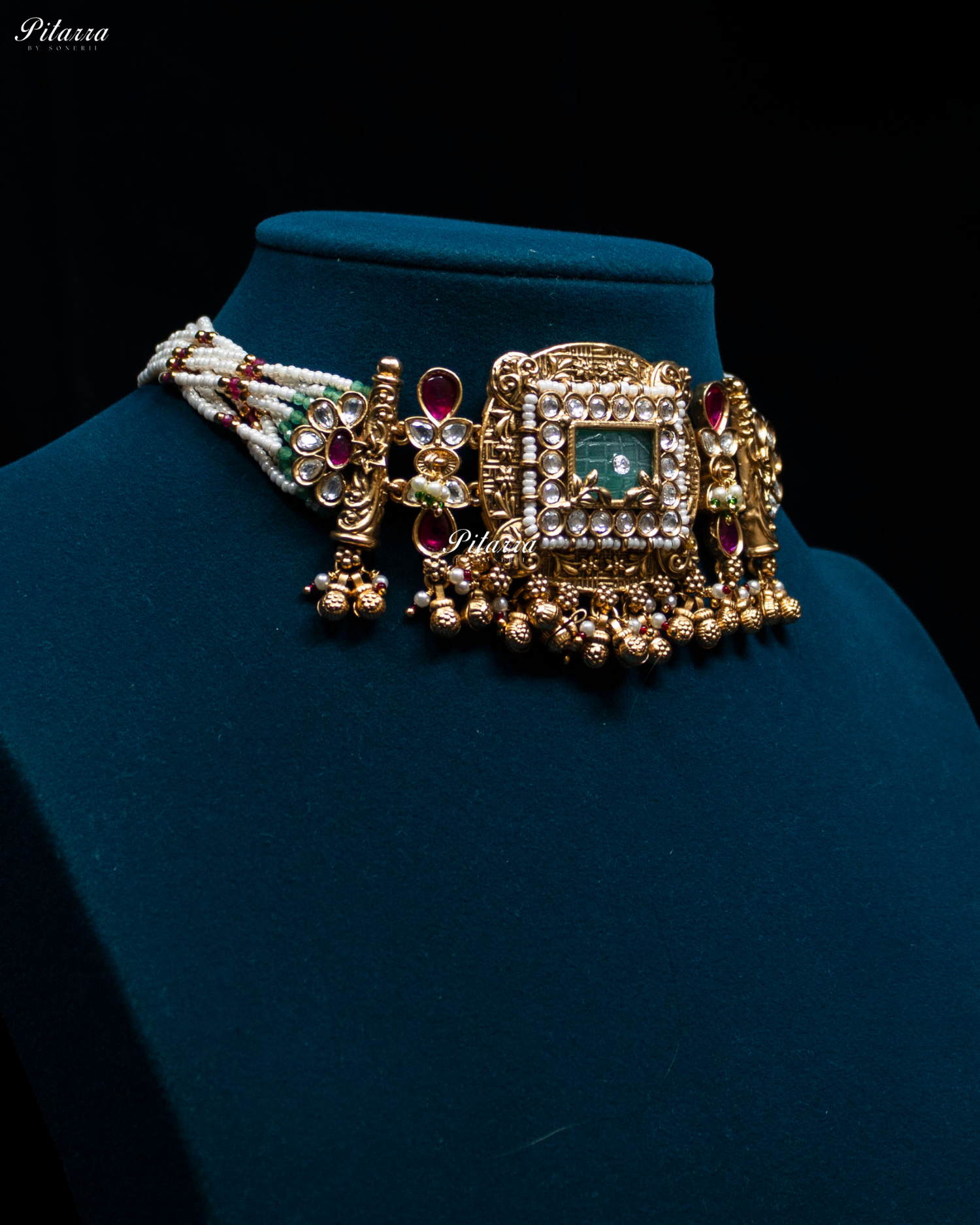 Emerald Stone Rajwad Kundan Choker Necklace Set