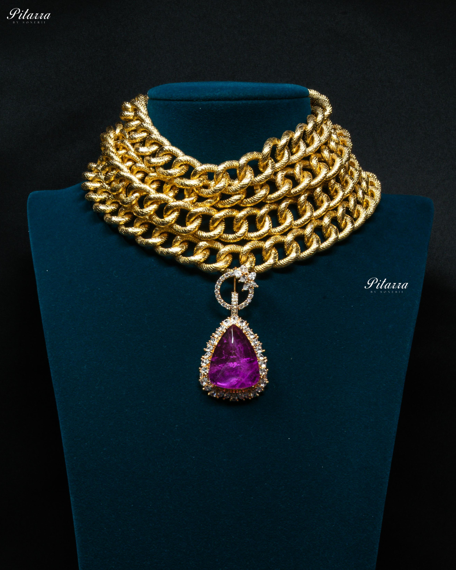 Golden Multilayered Purple Stone Statement Pendant Chain Choker