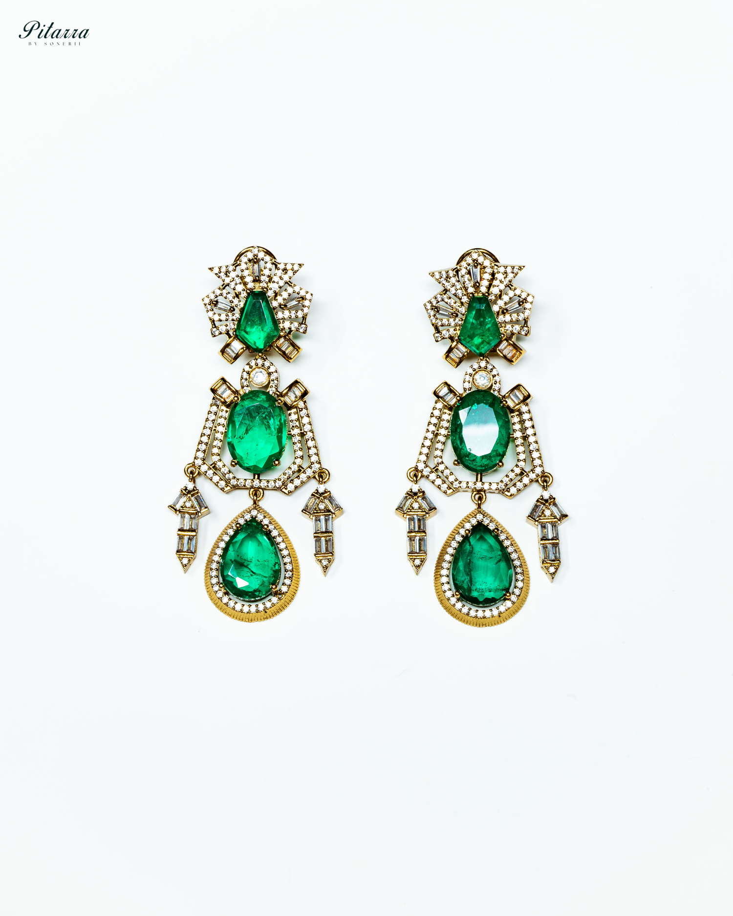 Emerald Silver Dangler Doublet Earrings