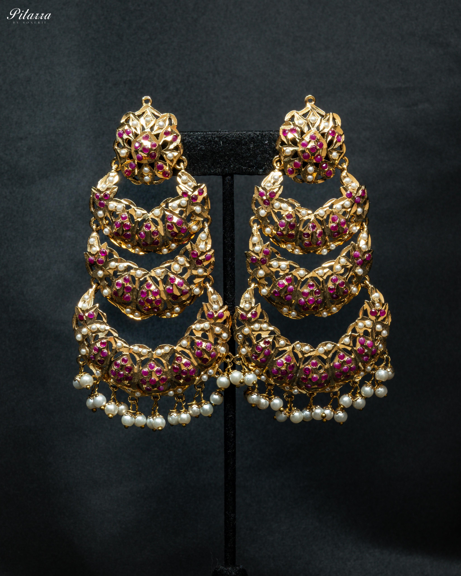 Pink Stones Triple Layered Jadau Chandbali Earrings