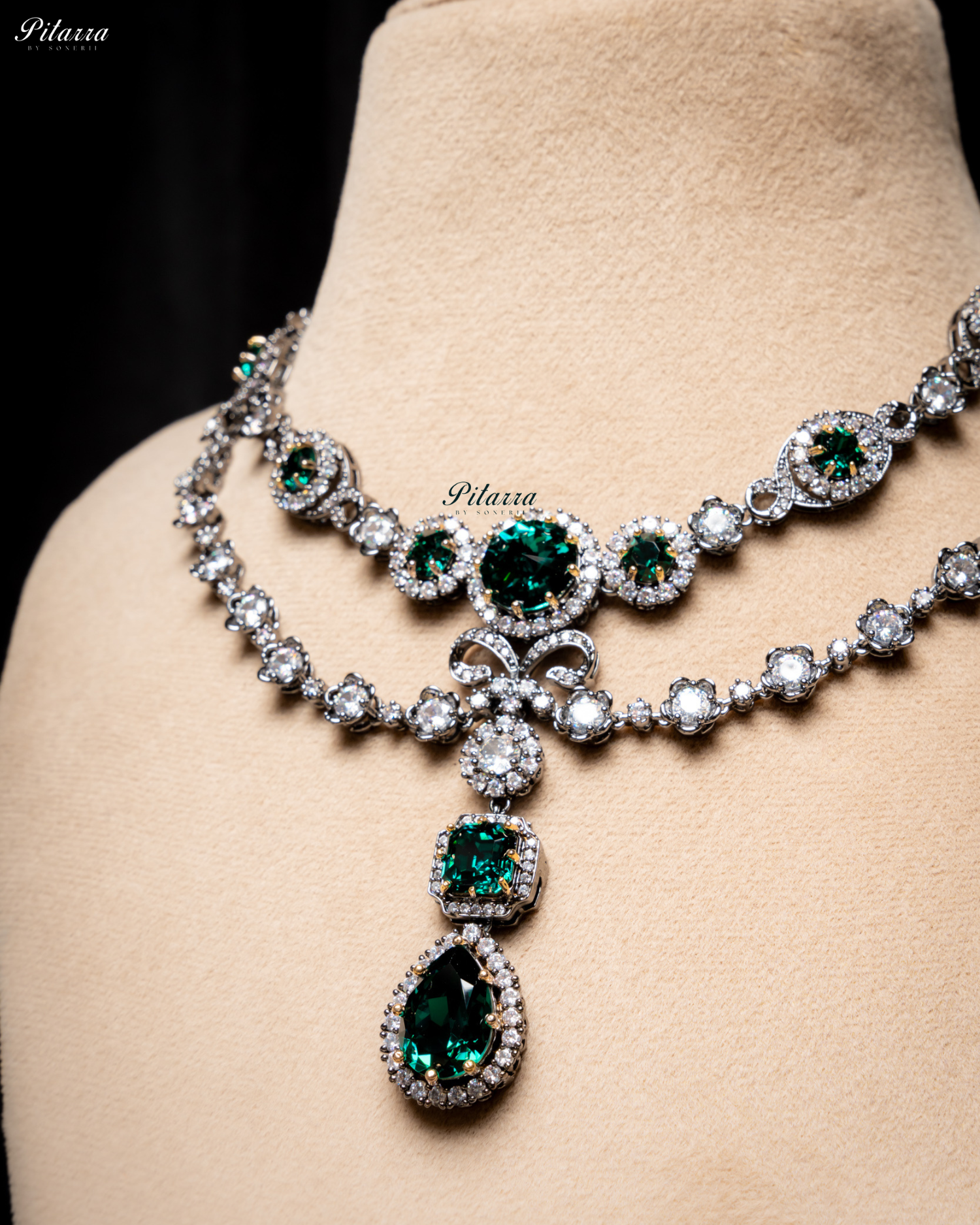 Emerald Two Layer Silver CZ Necklace Set