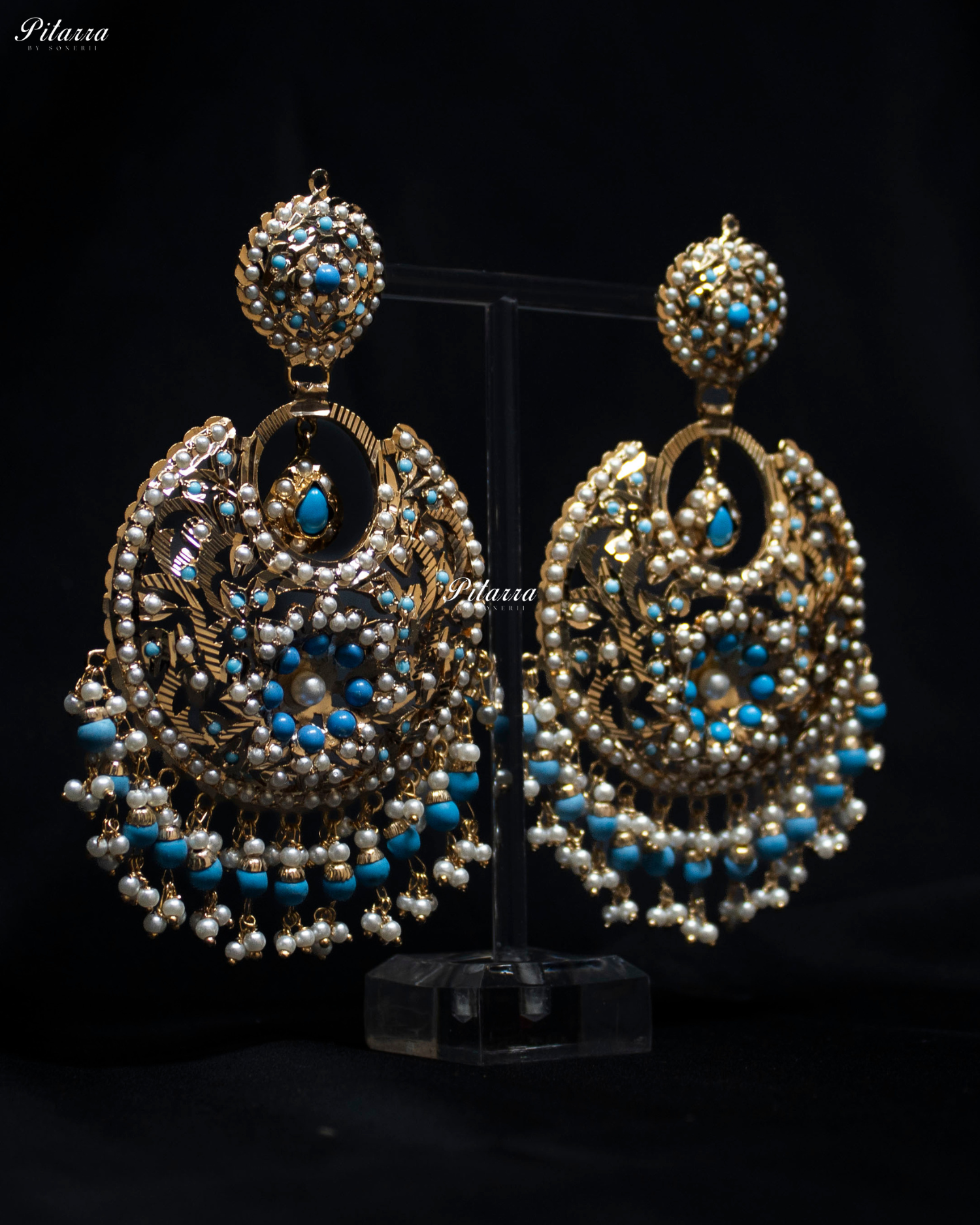 Turquoise Blue Stone Studded Punjabi Jadau Chandbali Earrings