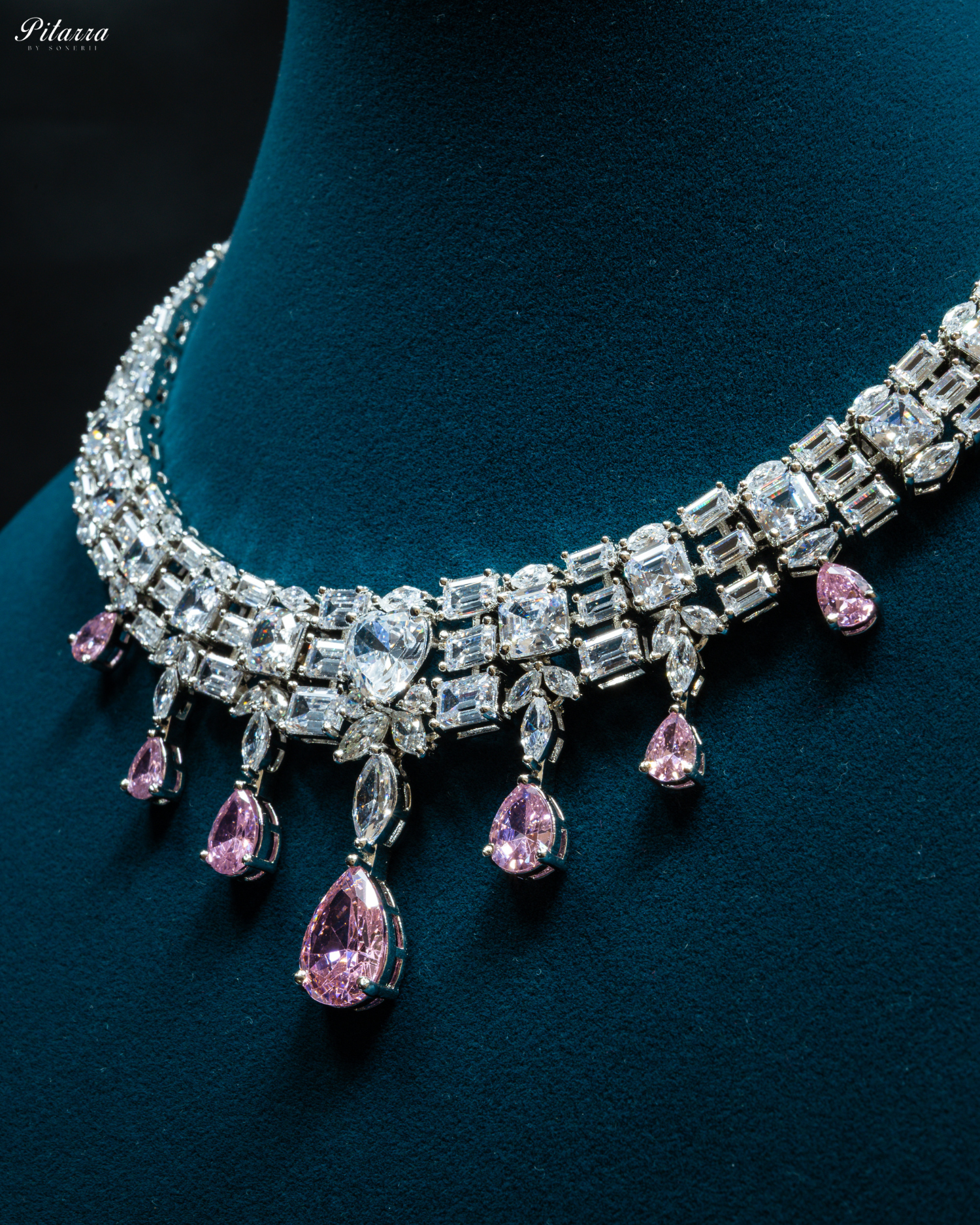 Pink Drop Cubic Zirconia Studded Necklace Set