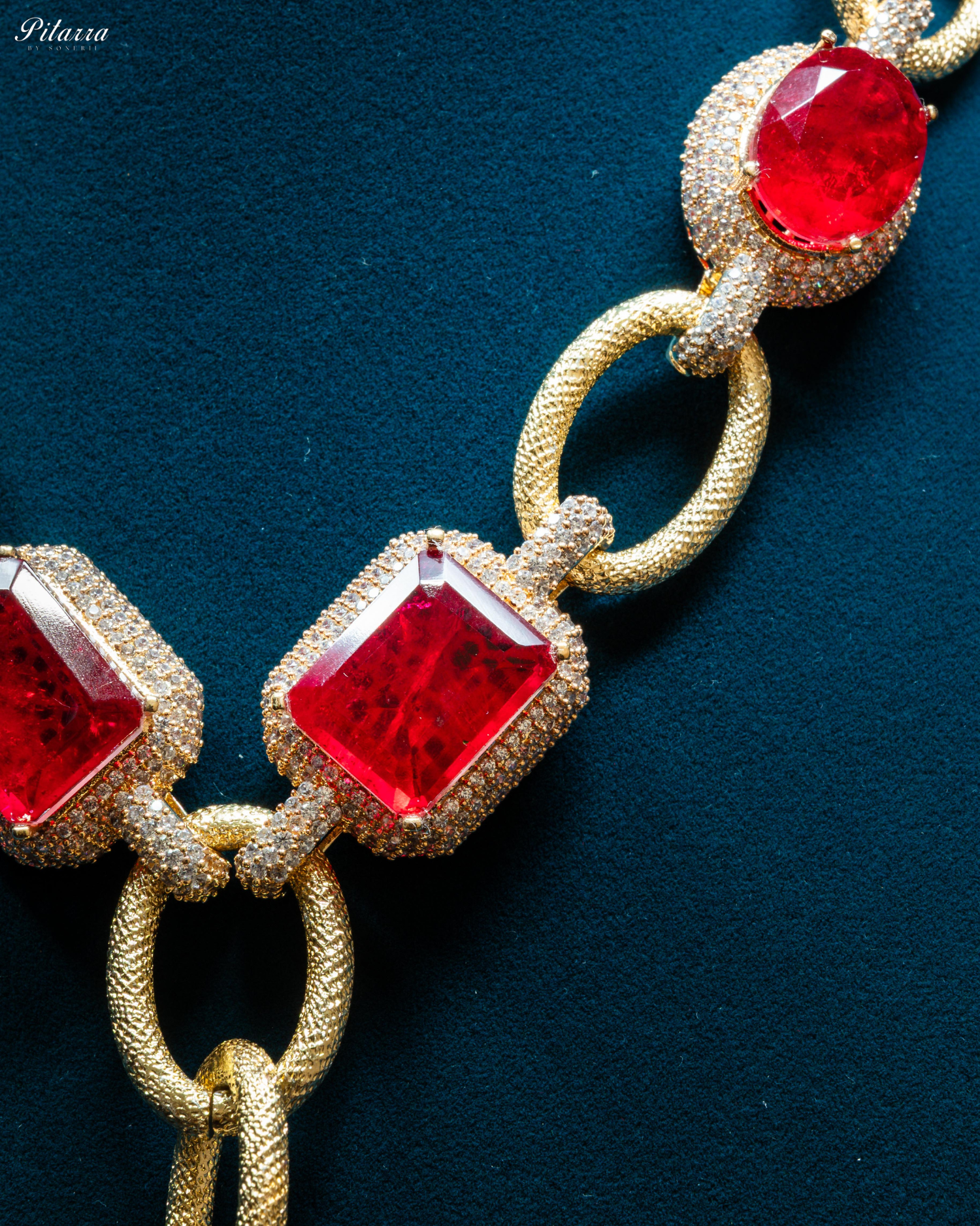 Gold Finish Red Stone Zircon Long Necklace Set