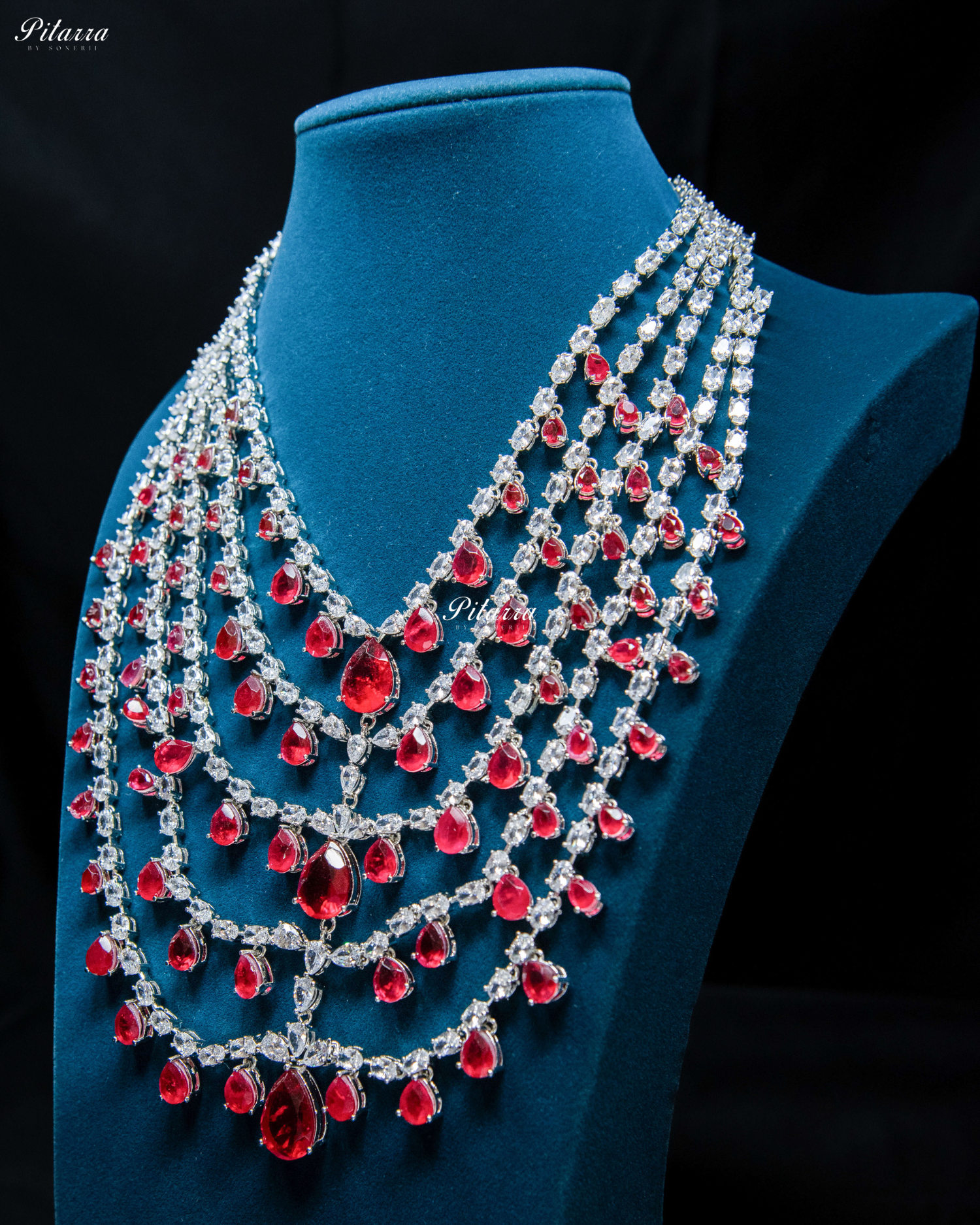 Five Layer Red CZ Stone Studded Crystal Necklace Set