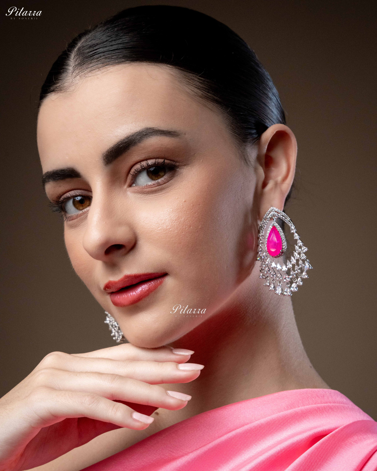 Pink Stone Silver CZ Dangle Earrings