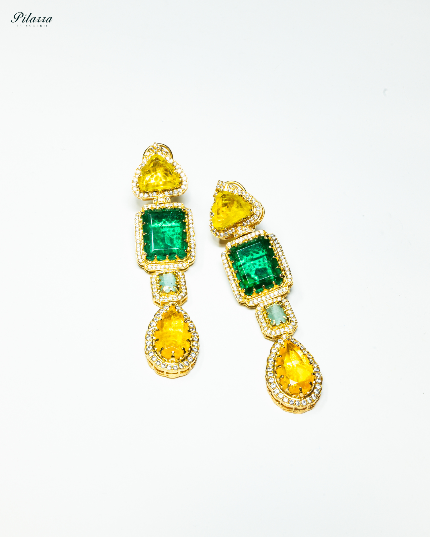 Green and Yellow Stone Long Doublet Earrings