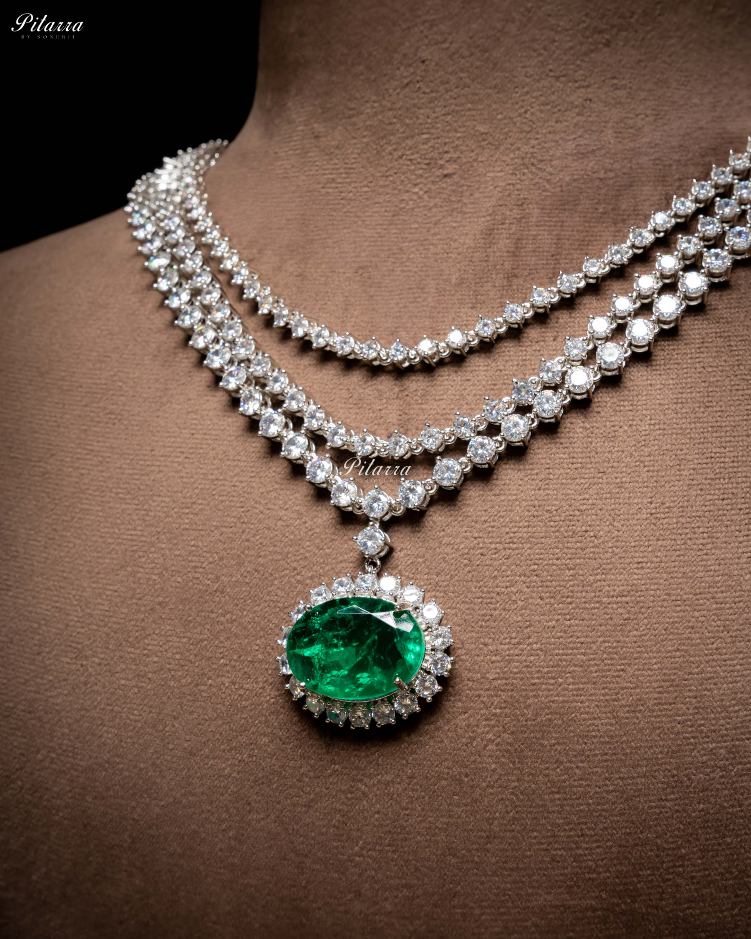 Emerald Stone Cubic Zirconia Silver Necklace Set