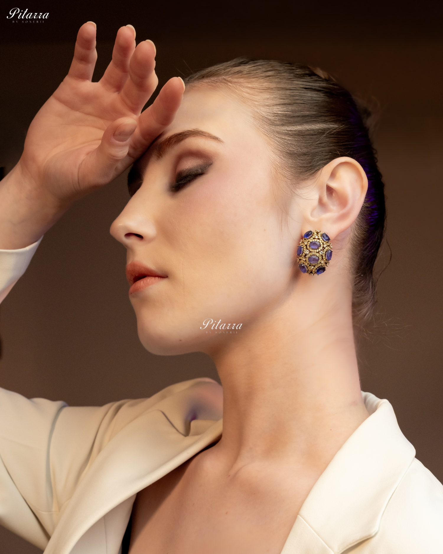 Purple Stone Golden Crystal Stud Earrings