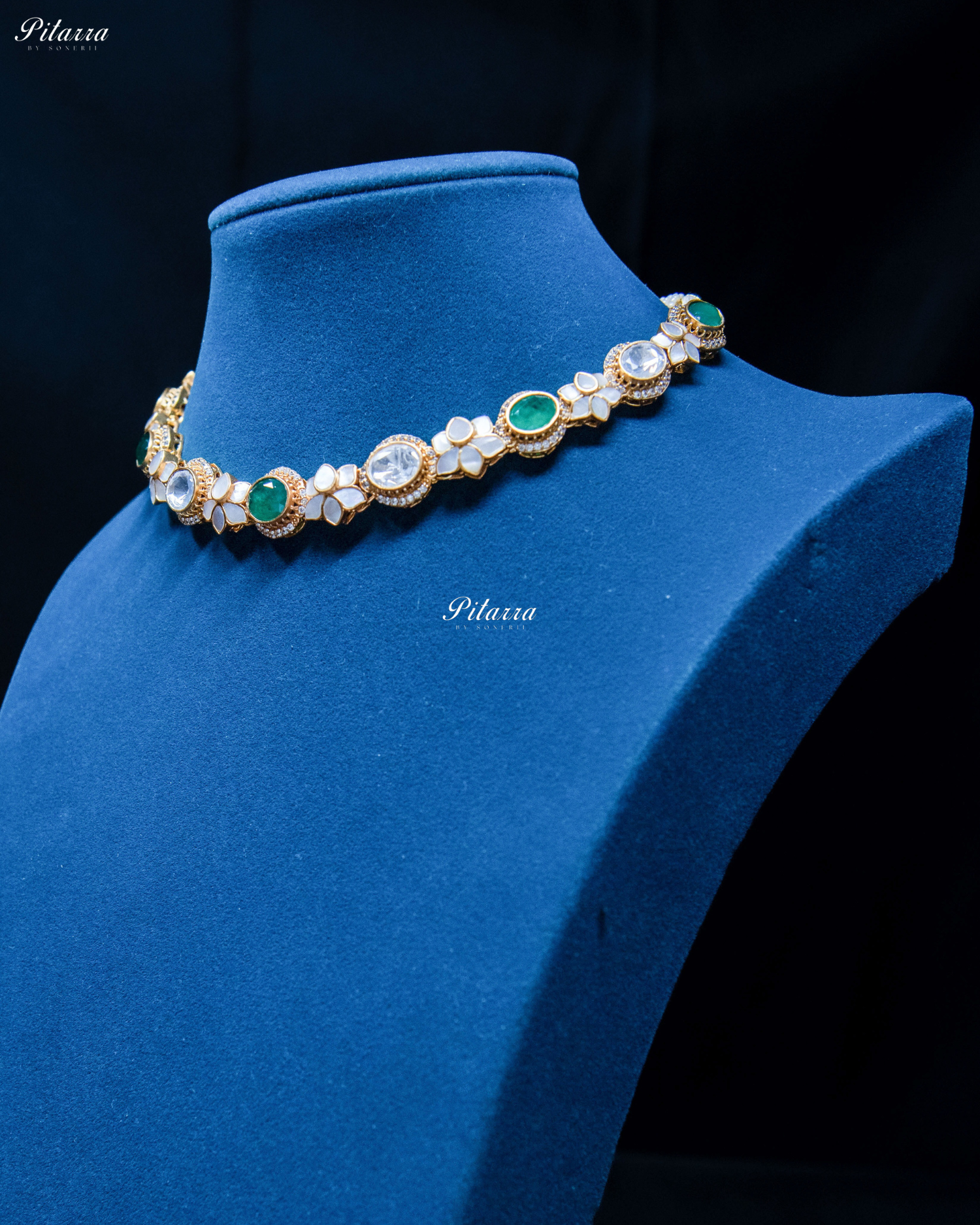 White Flora Green Stone Kundan Choker Set