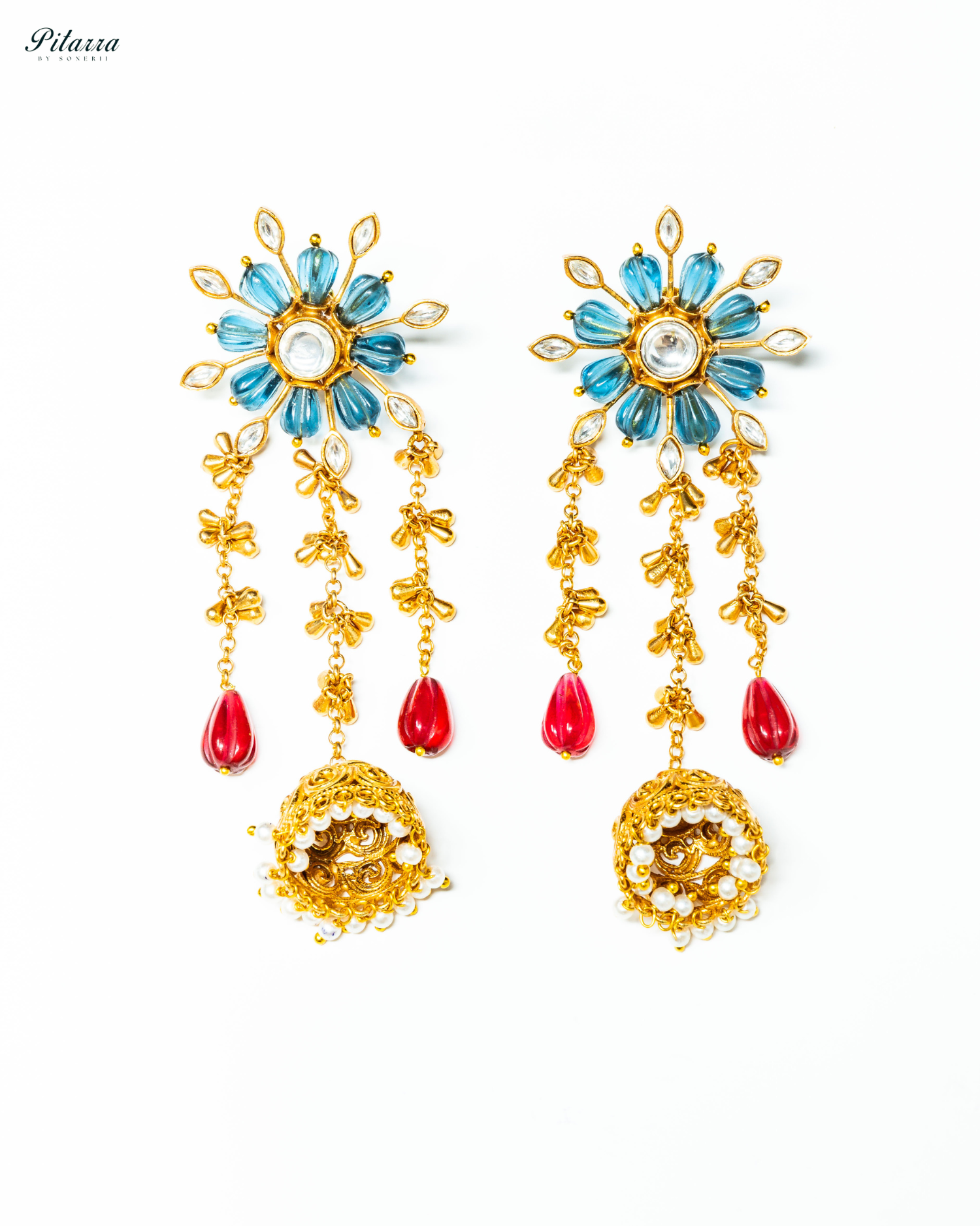 Gold Plated Blue Flower Kundan Chandbali Earrings