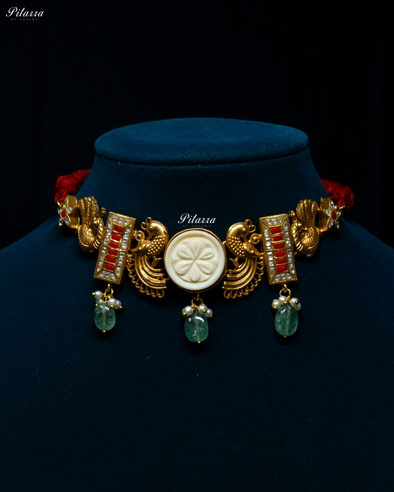 Golden Peacock Green Pearl Necklace Set