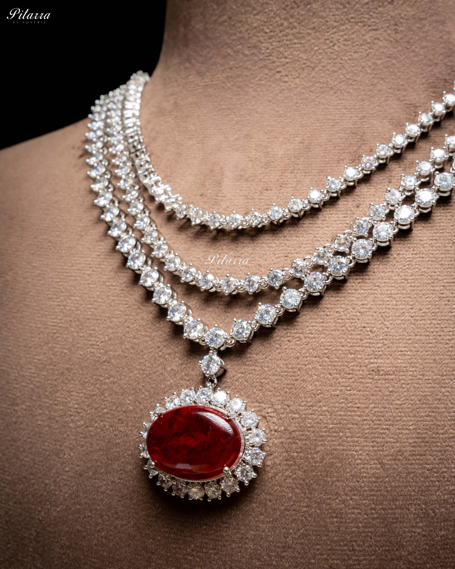 Ruby Red Stone Cubic Zirconia Silver Necklace Set