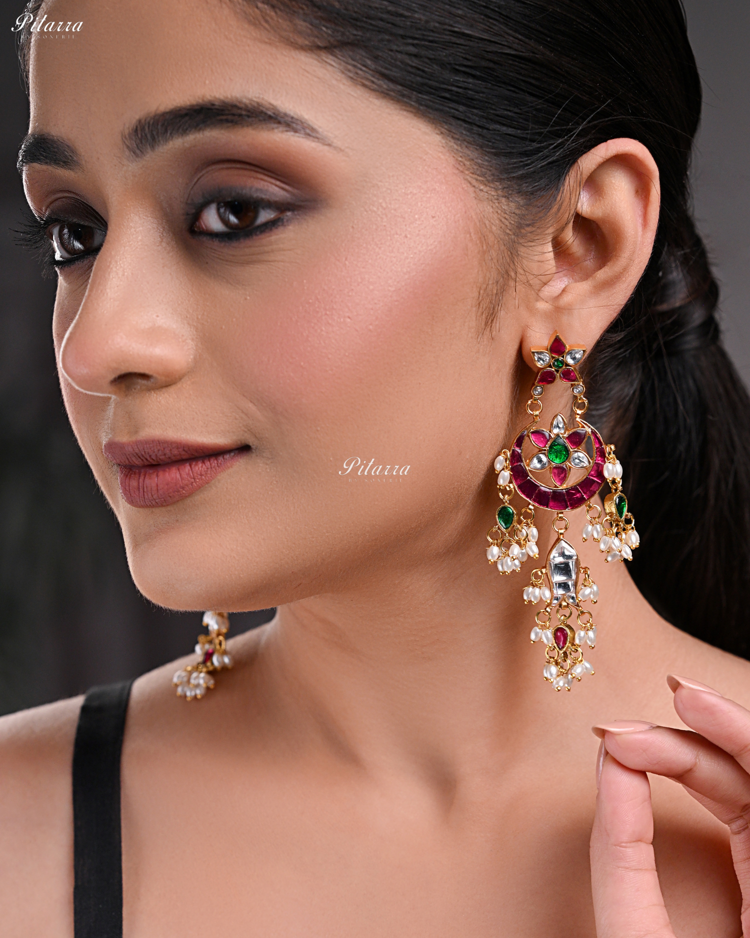 Pink Floral Pearls Kundan Dangle Earrings