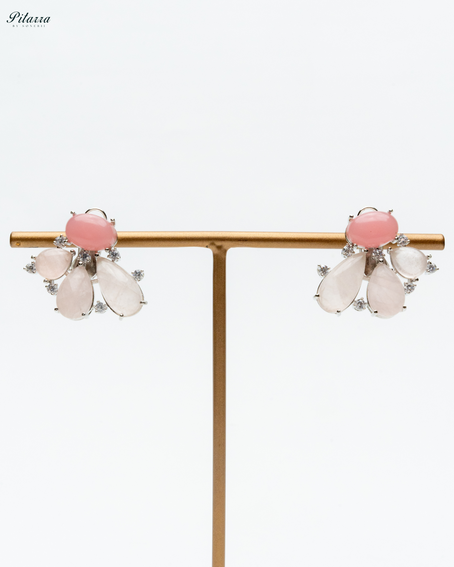 Silver Pink Stone Stud Earrings