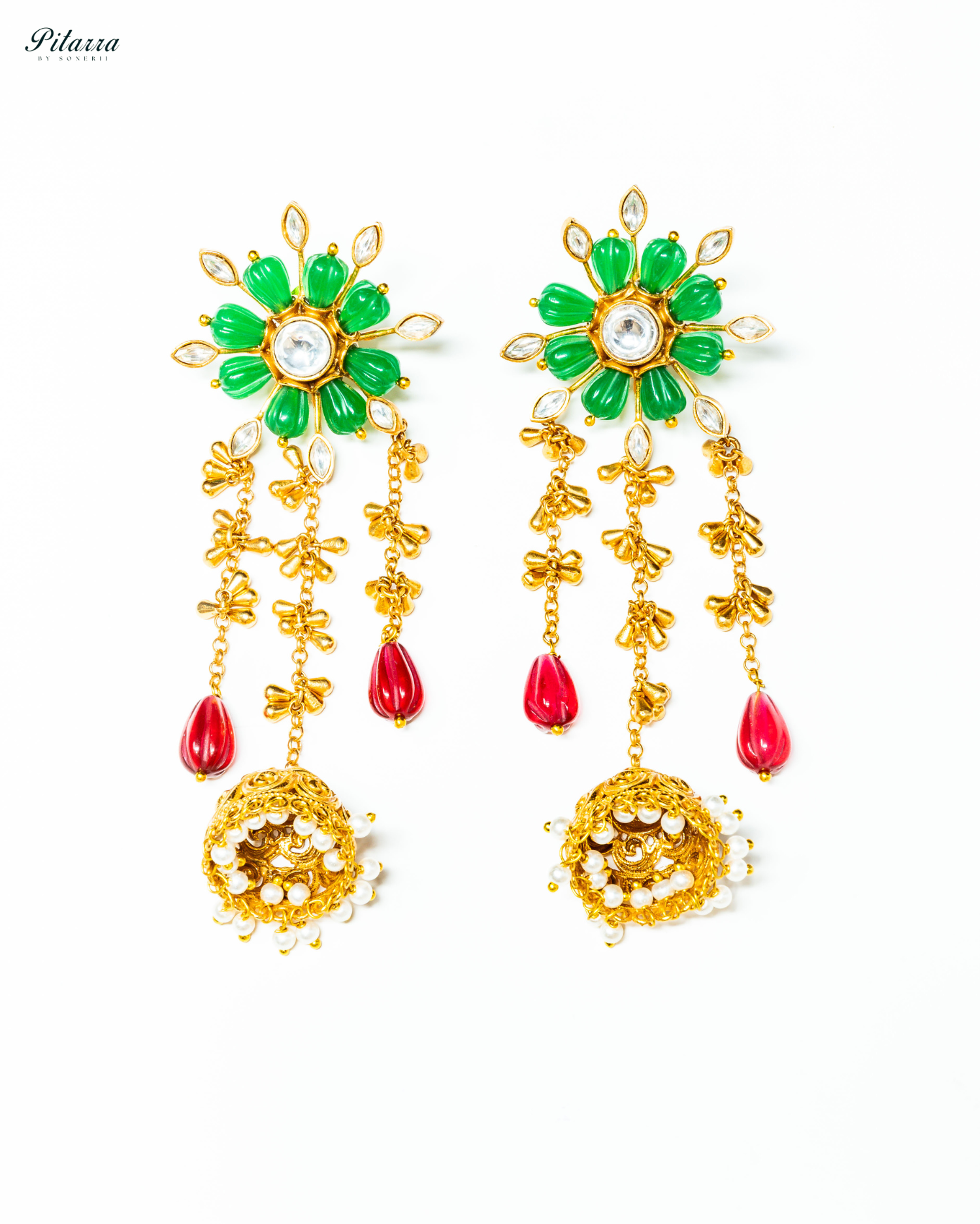 Gold Plated Green Flower Kundan Chandbali Earrings