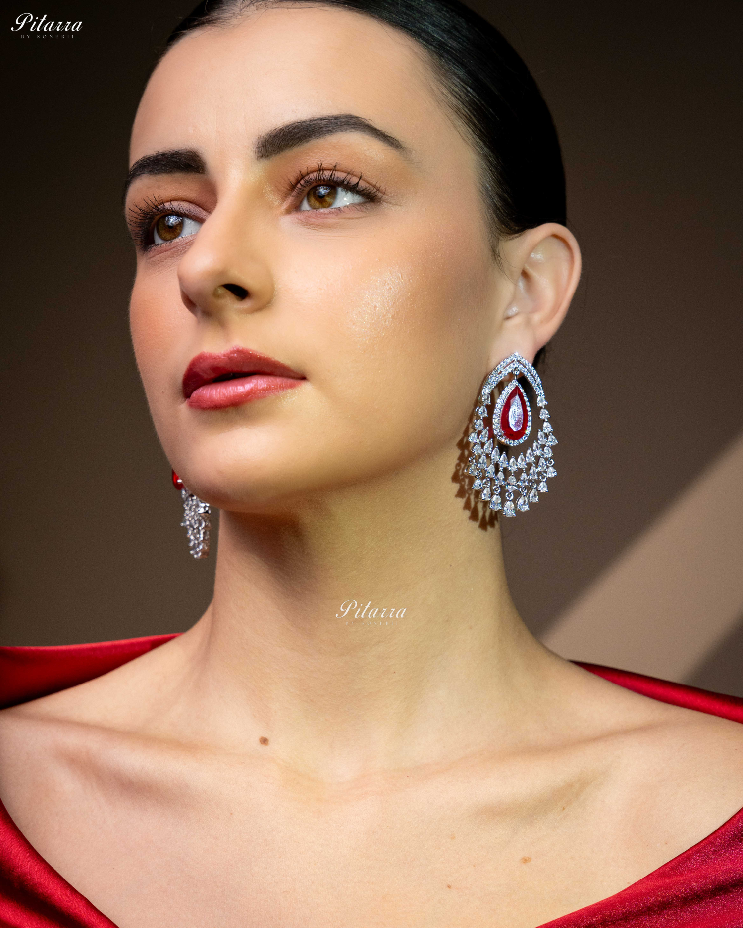 Red Stone Silver CZ Dangle Earrings