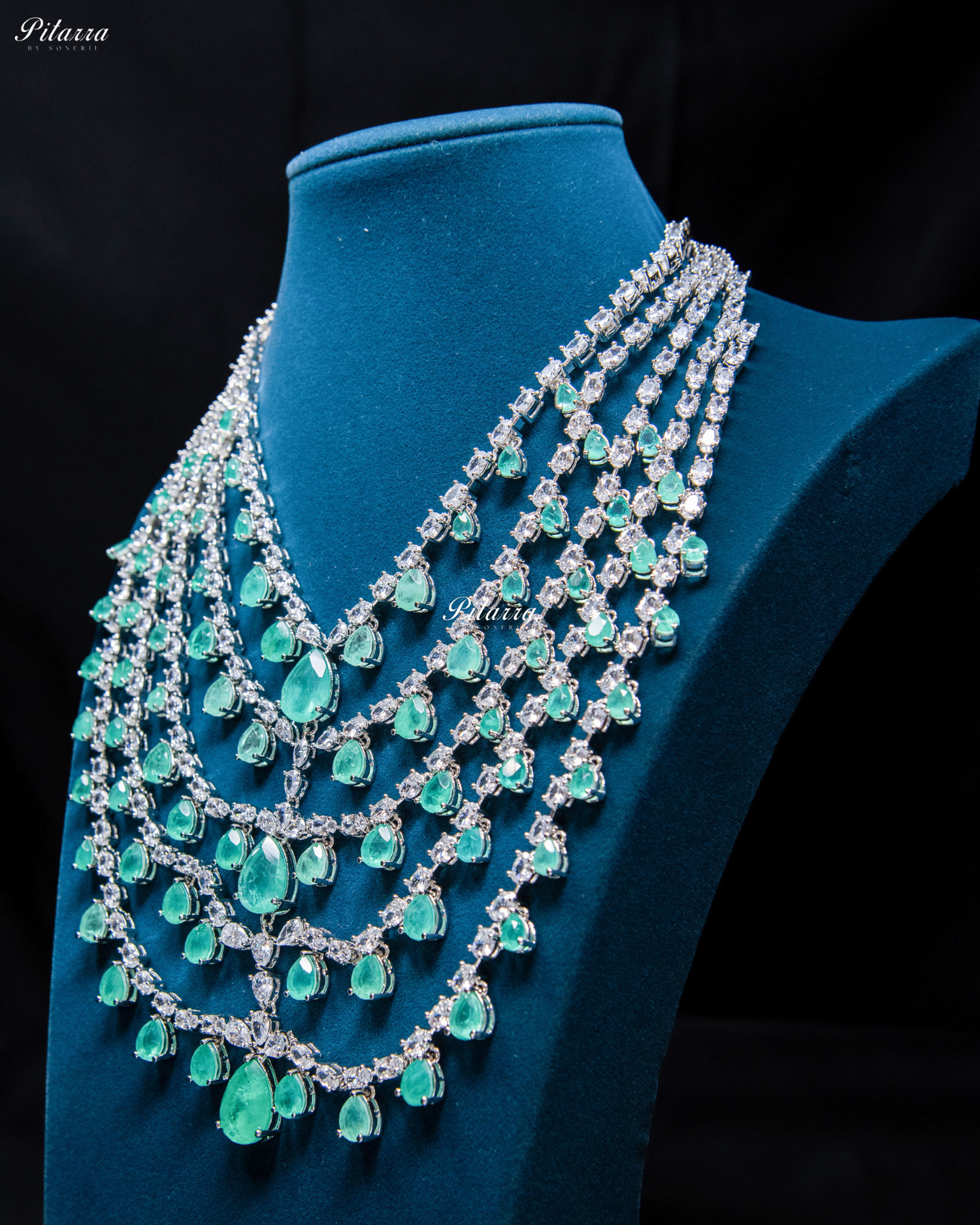 Five Layer Green CZ Stone Studded Crystal Necklace Set
