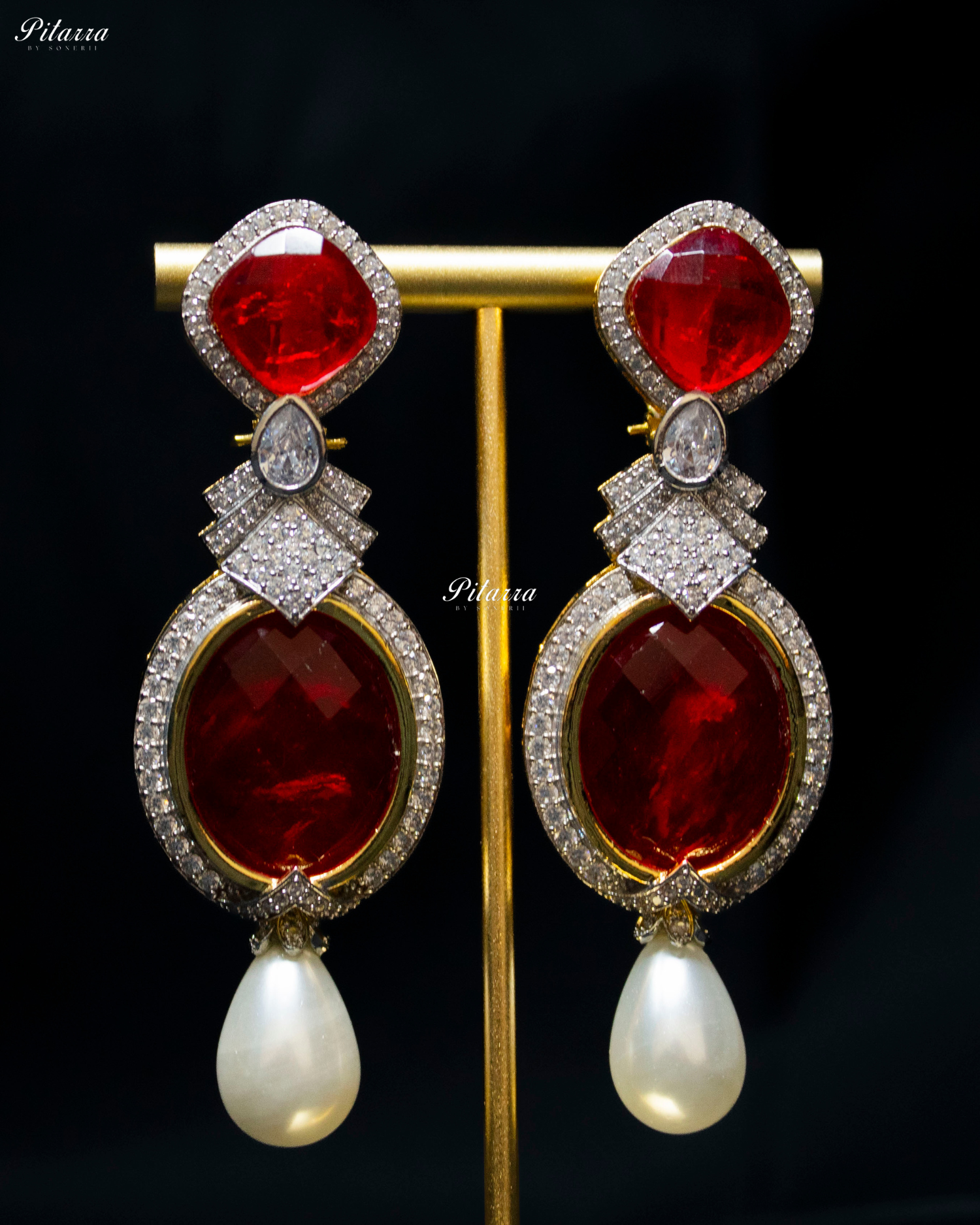 Red Pearl Stone Silver CZ Dangler Earrings